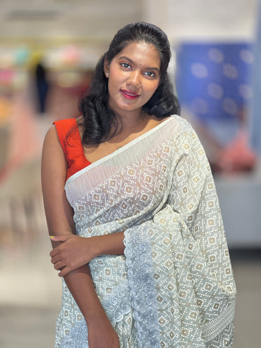 Foil Paint Highlight With Embroidery Detailed Cotton Linen Saree | VDA140