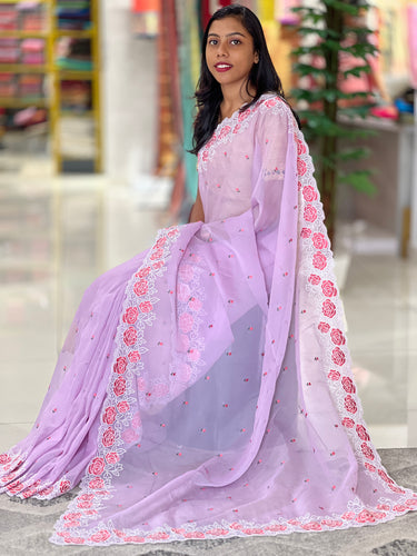 Point Embroidery Detailed Nylon Organza Saree | RP583