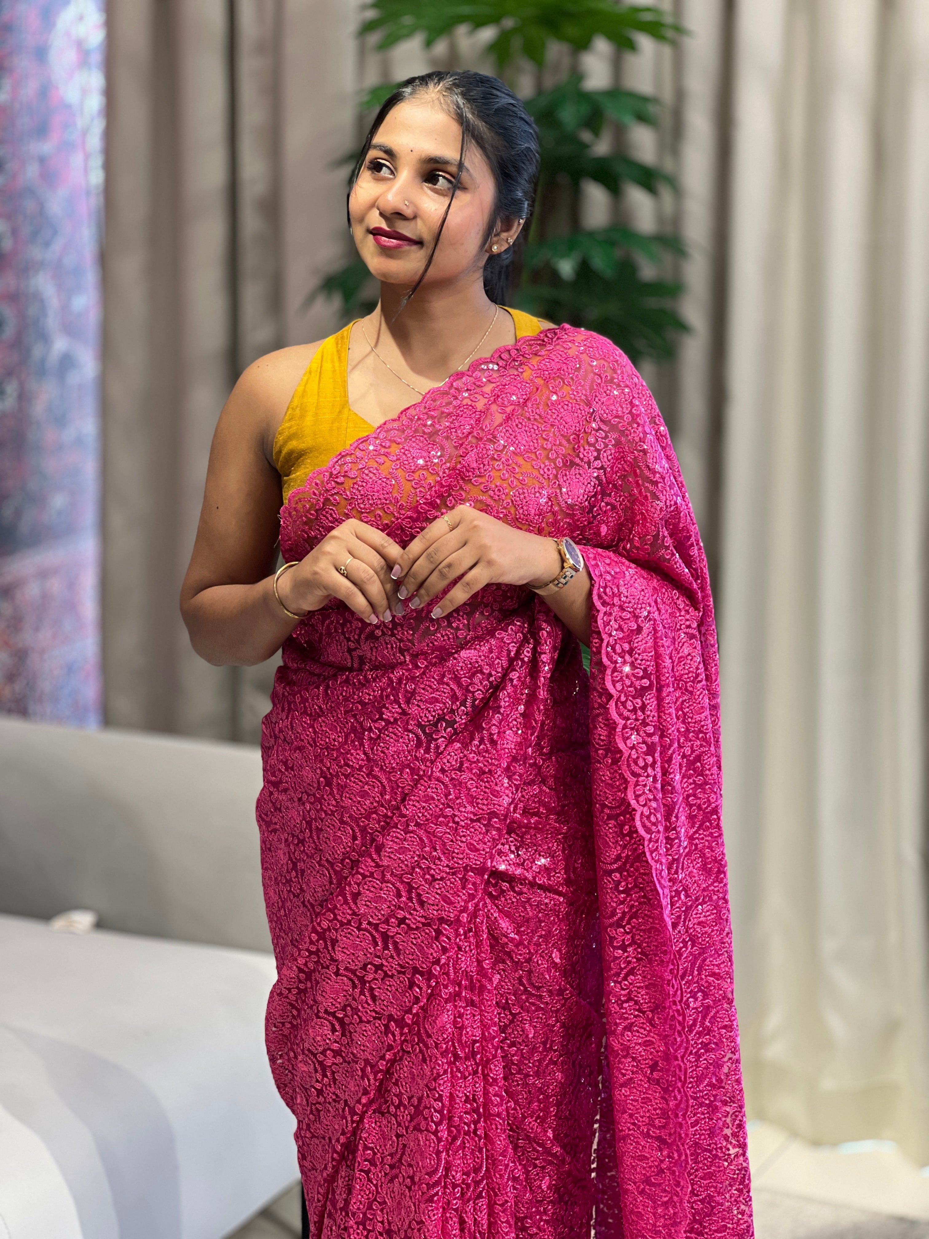 Machine Embroidery Detailed Net Saree | SBP1080