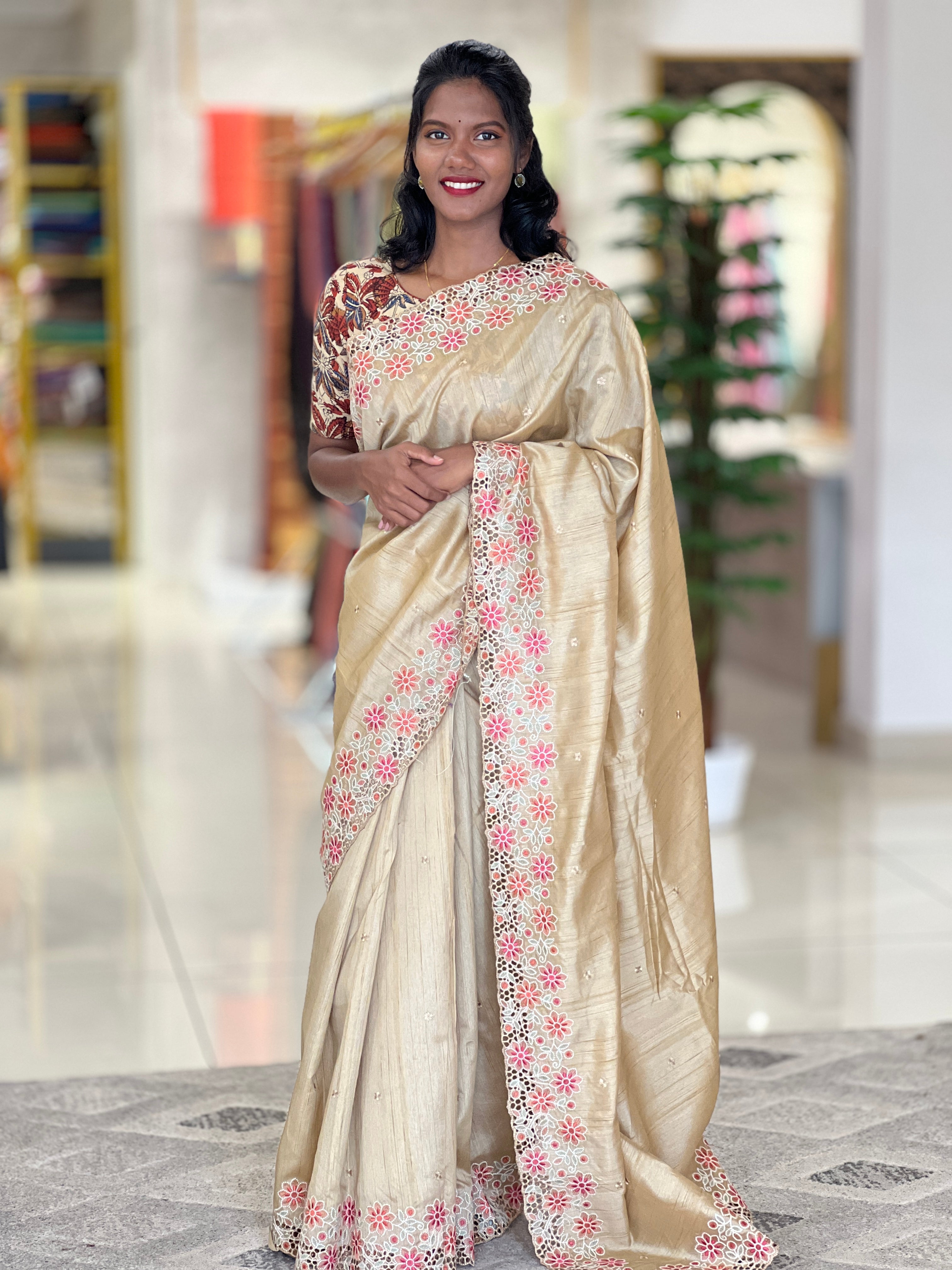 Floral Embroidery Detailing Semi Tussar Saree  | SBP459