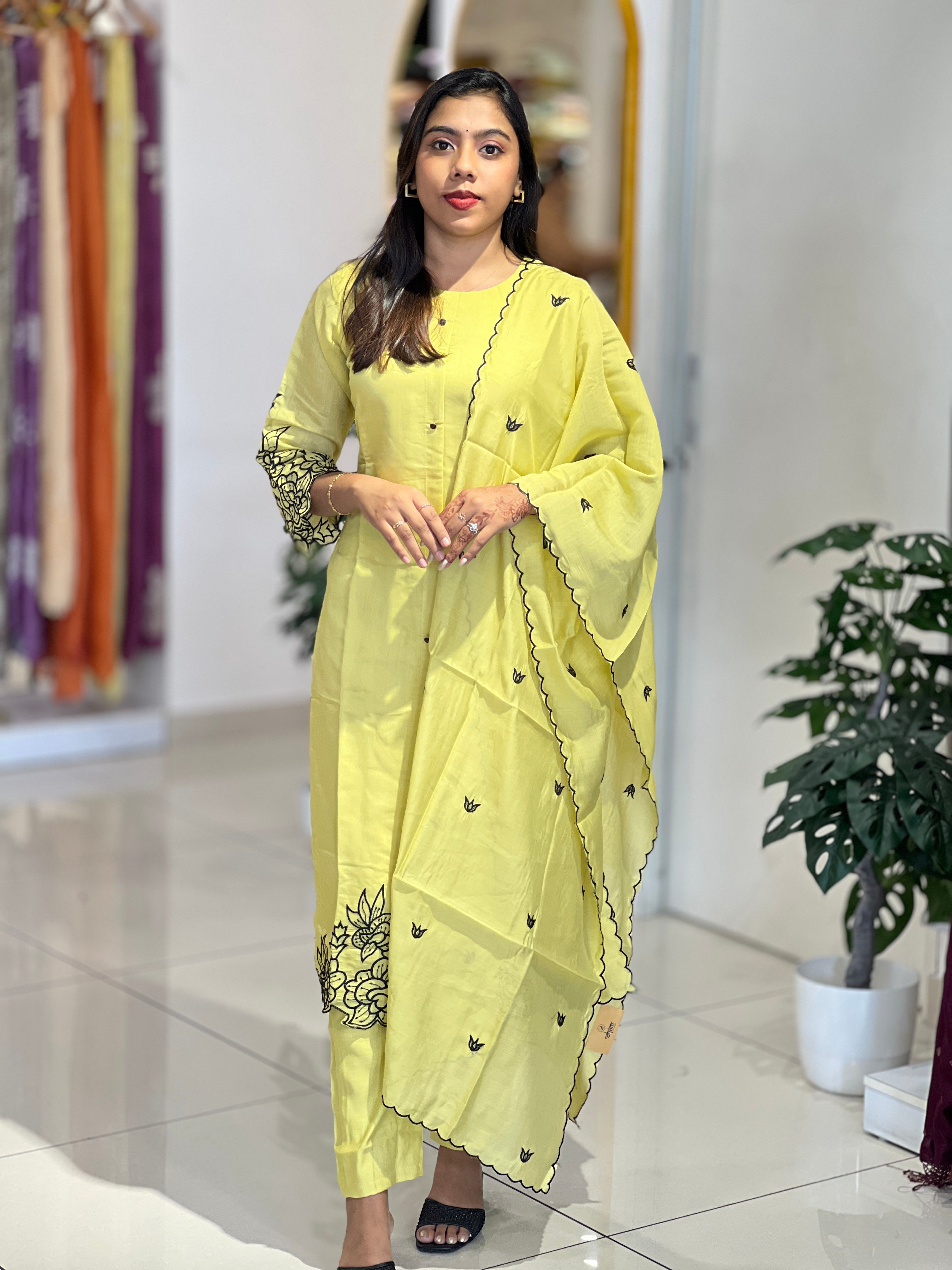 Machine Embroidery Detailed Mul Chanderi  Kurta Set | NAI221