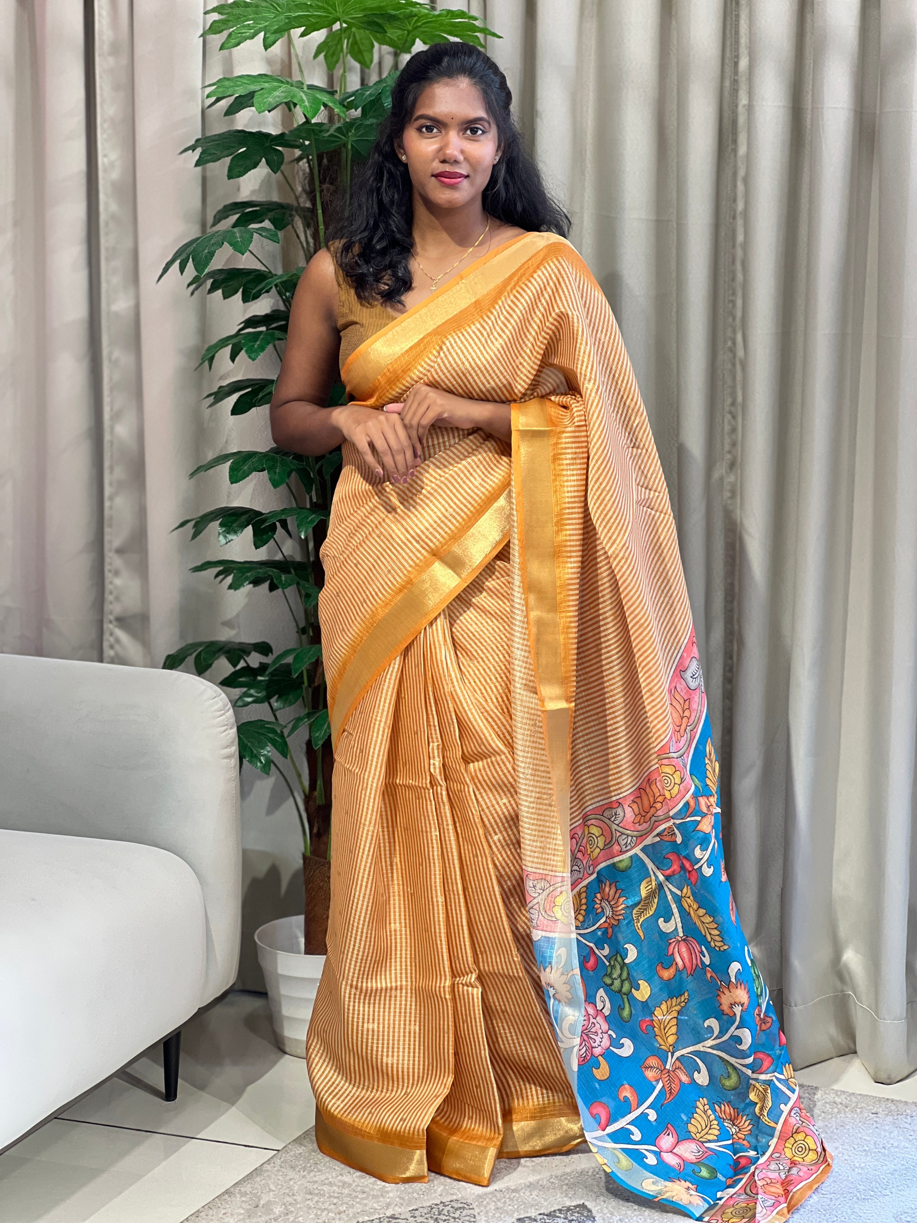 Stripe Print & Kalamkari Detailed Silky Kota Saree | HT275