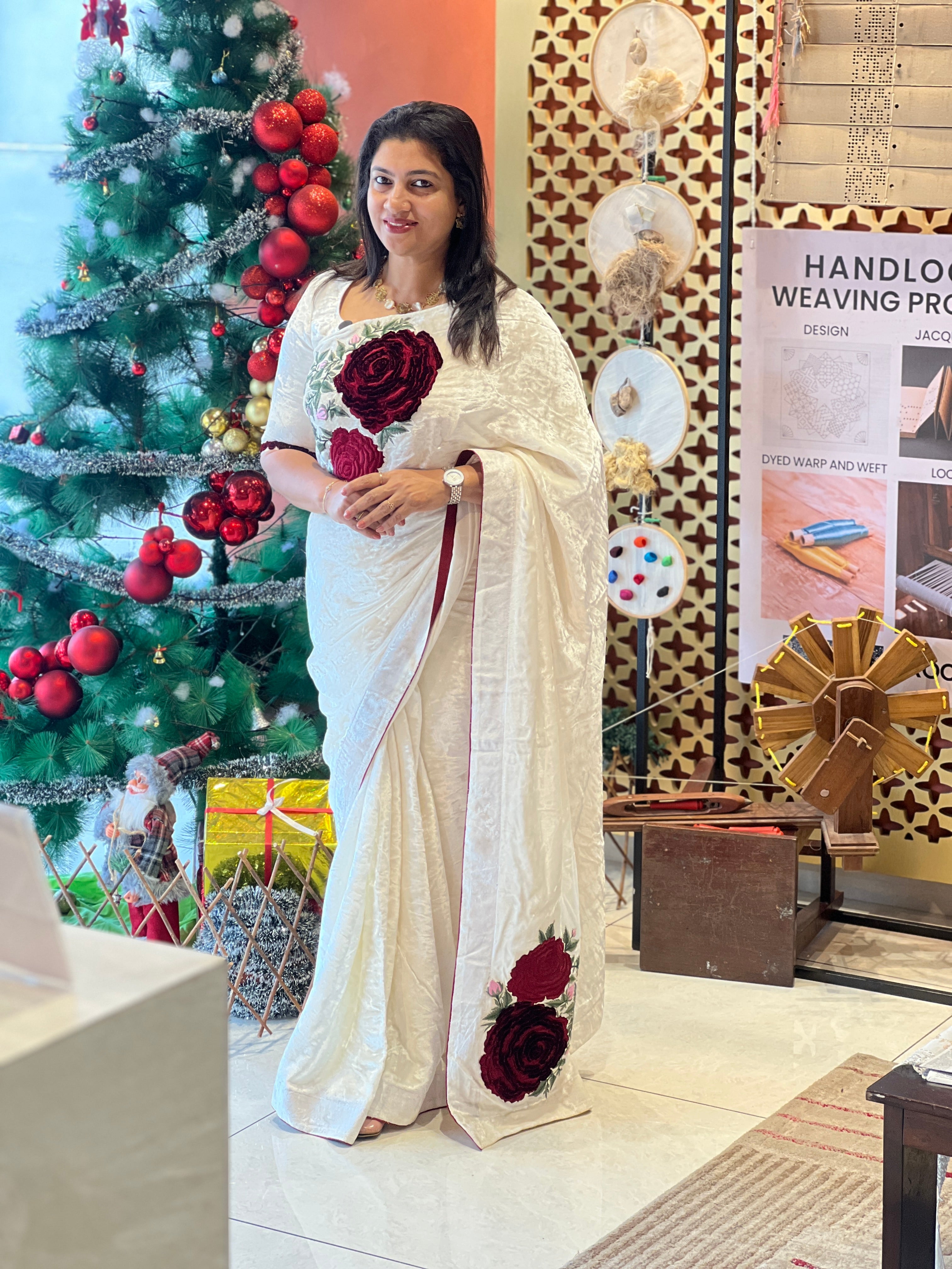 Floral Applique Detailed Velvet Saree | DN795