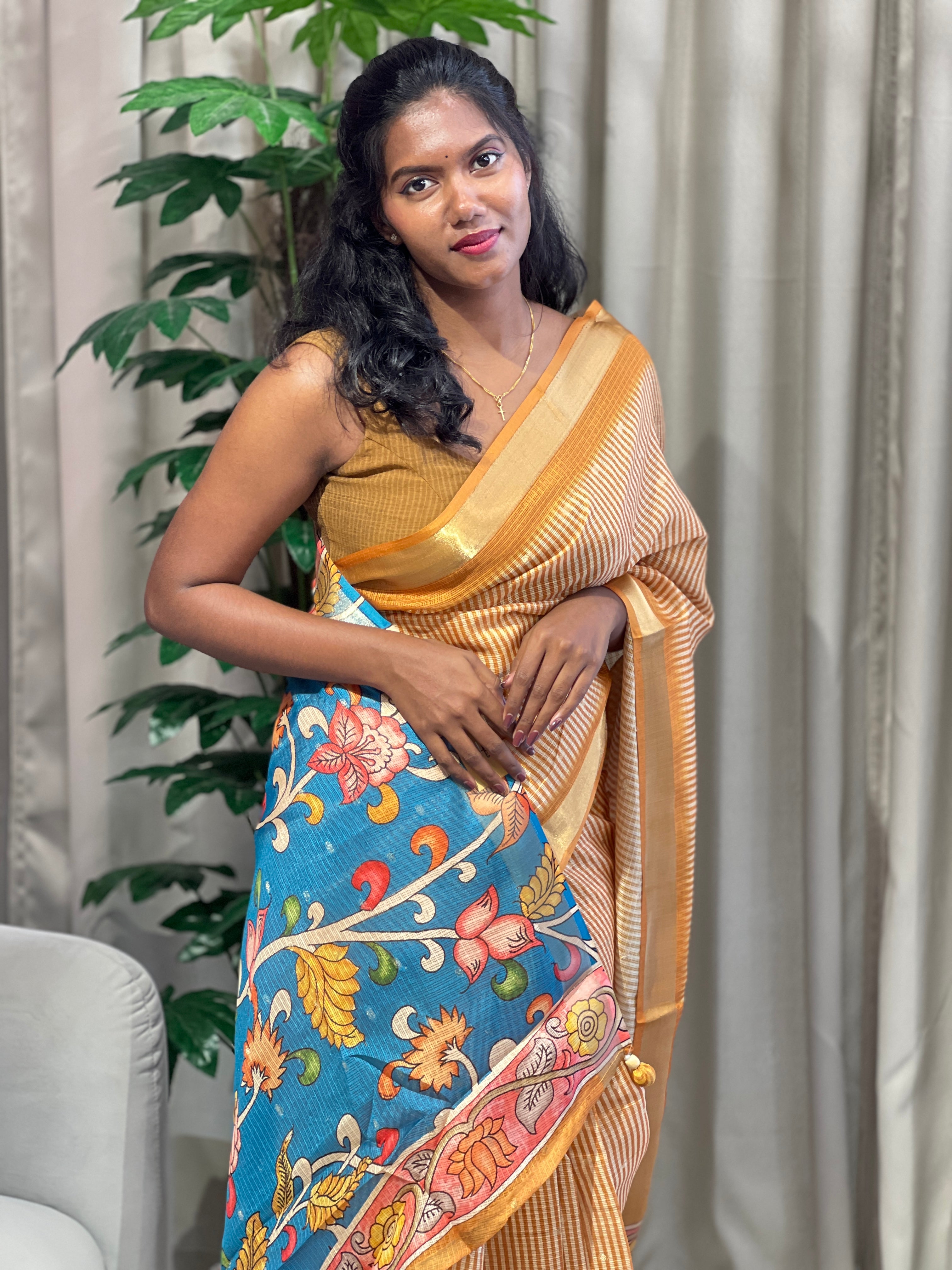 Stripe Print & Kalamkari Detailed Silky Kota Saree | HT275