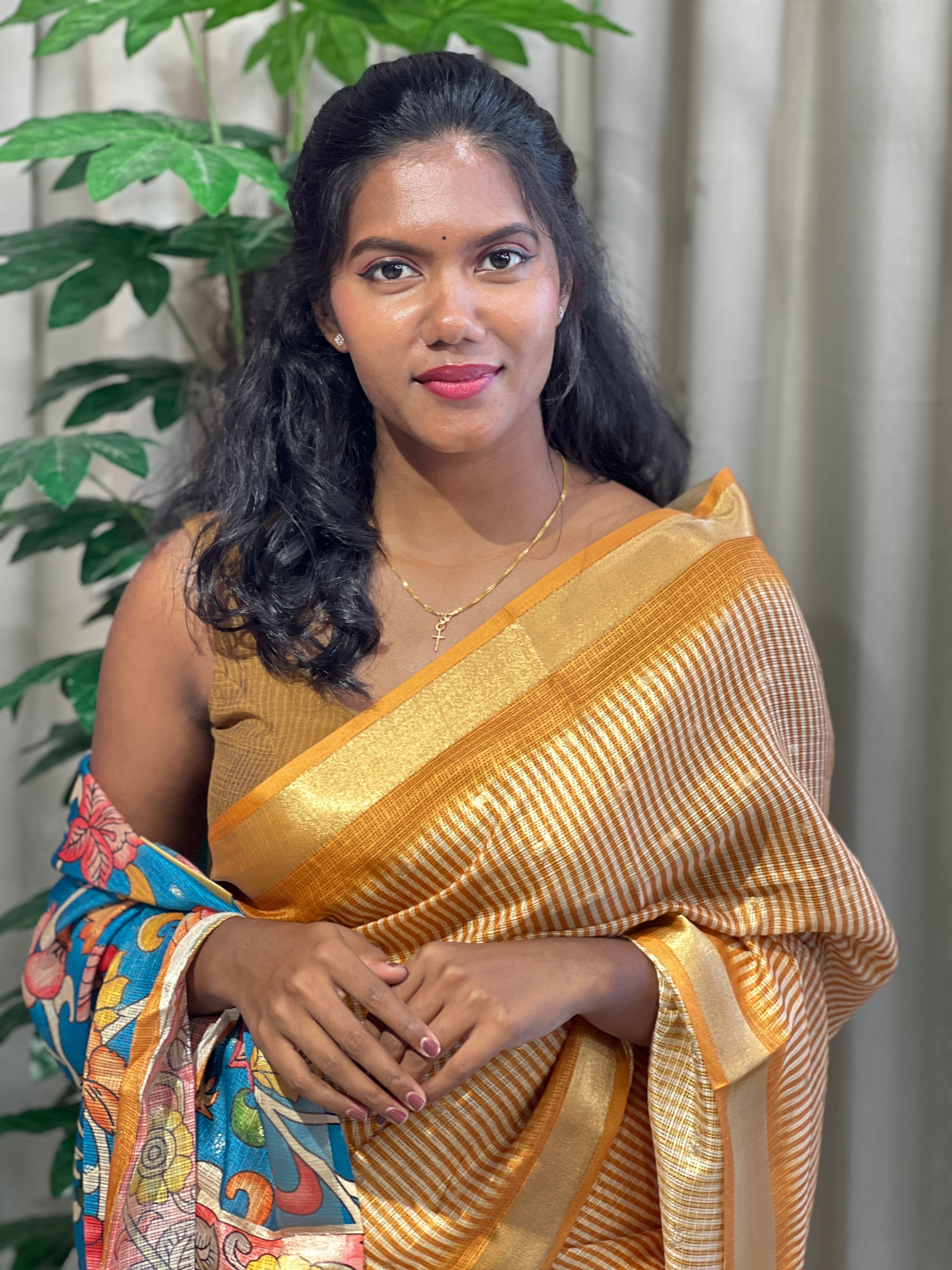 Stripe Print & Kalamkari Detailed Silky Kota Saree | HT275