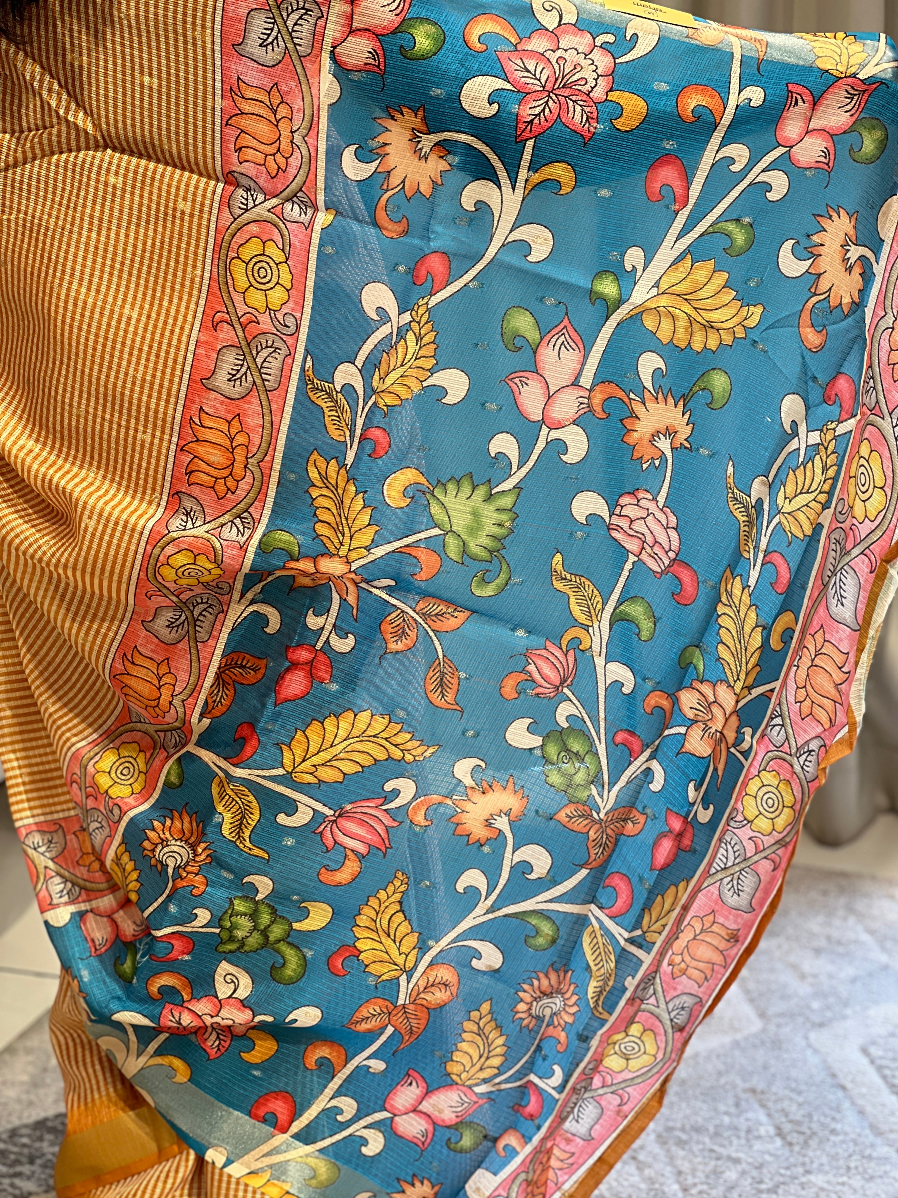 Stripe Print & Kalamkari Detailed Silky Kota Saree | HT275