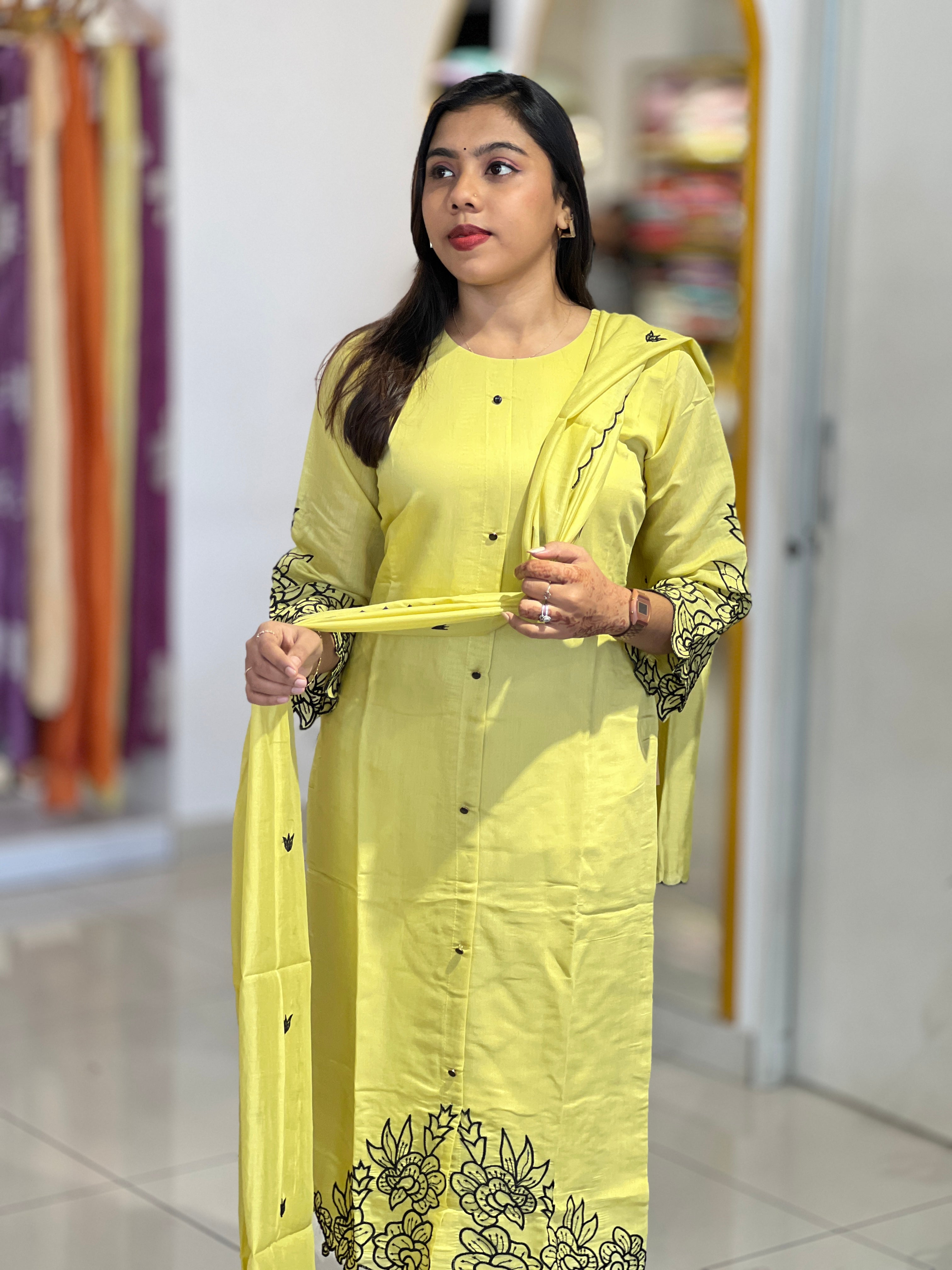 Machine Embroidery Detailed Mul Chanderi  Kurta Set | NAI221