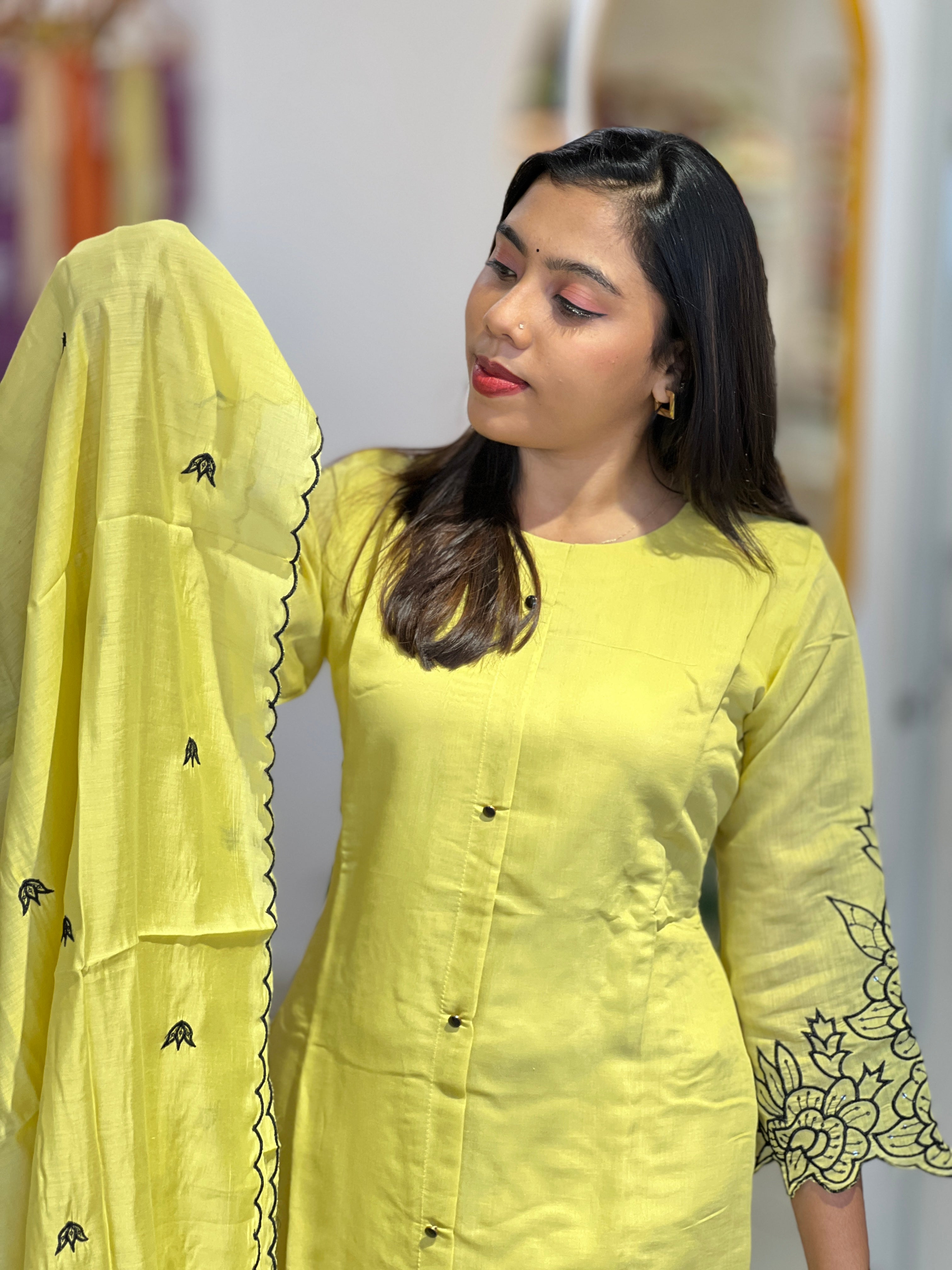 Machine Embroidery Detailed Mul Chanderi  Kurta Set | NAI221
