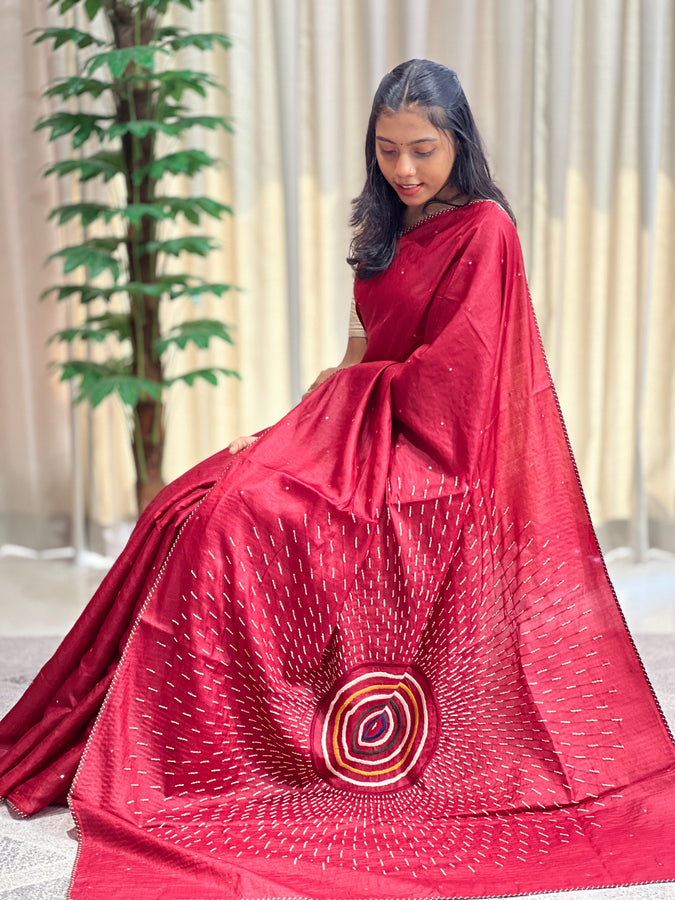 Hand Embroidery With Mirror Worked Desi Tussar Saree | RGD654