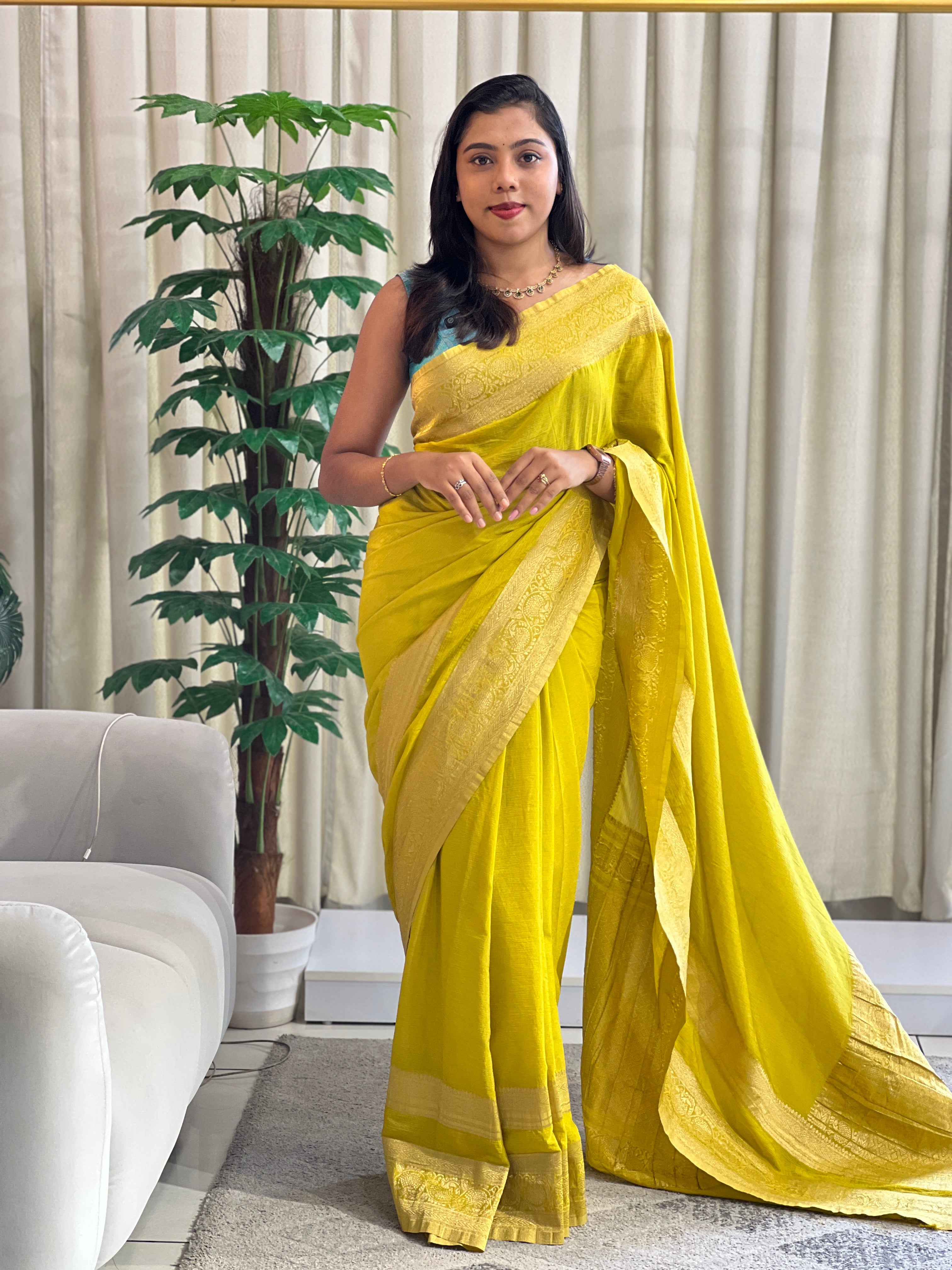Antique Gold Zari Worked Crushed Chinon Sarees | RS115