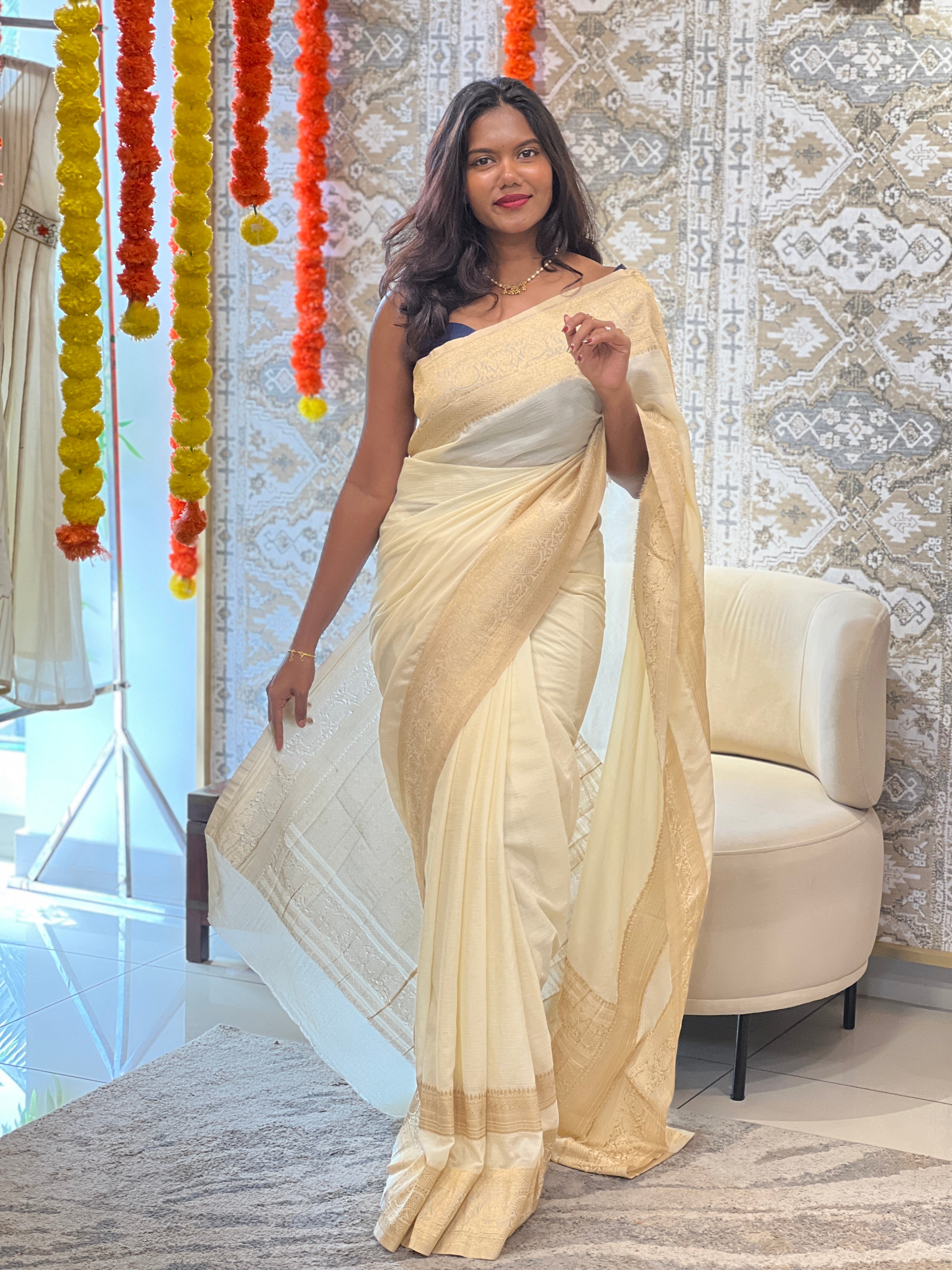 Antique Gold Zari Worked Crushed Chinon Sarees | RS117