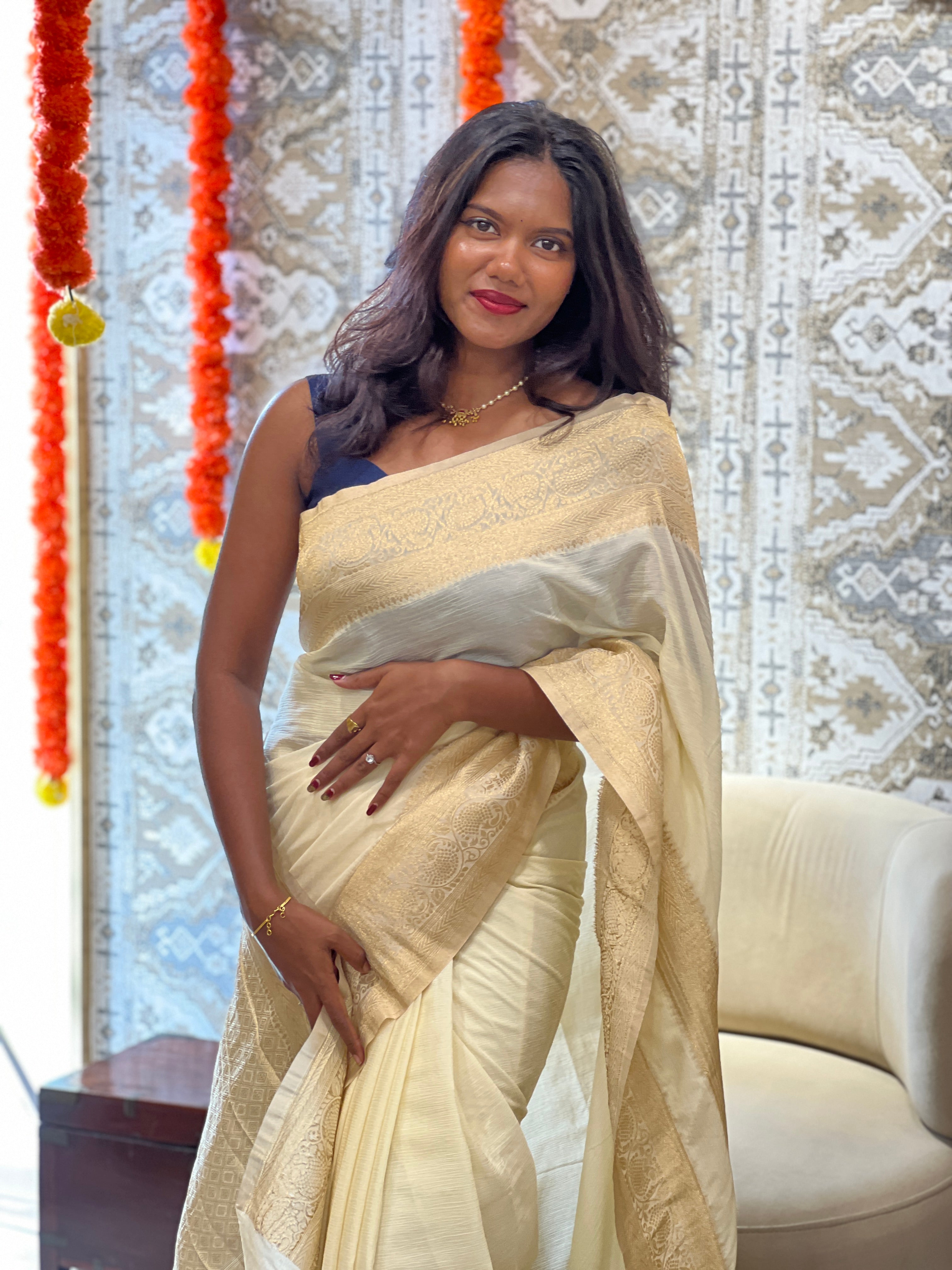 Antique Gold Zari Worked Crushed Chinon Sarees | RS117