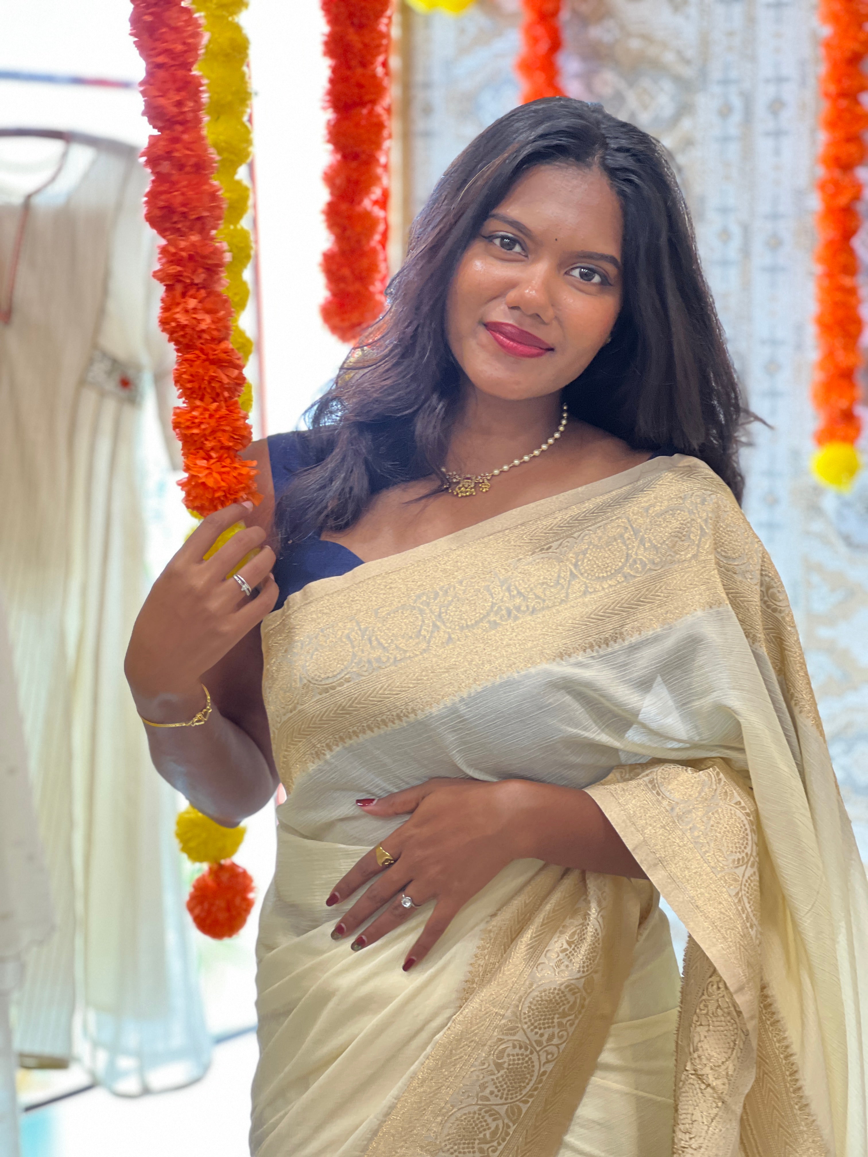 Antique Gold Zari Worked Crushed Chinon Sarees | RS117
