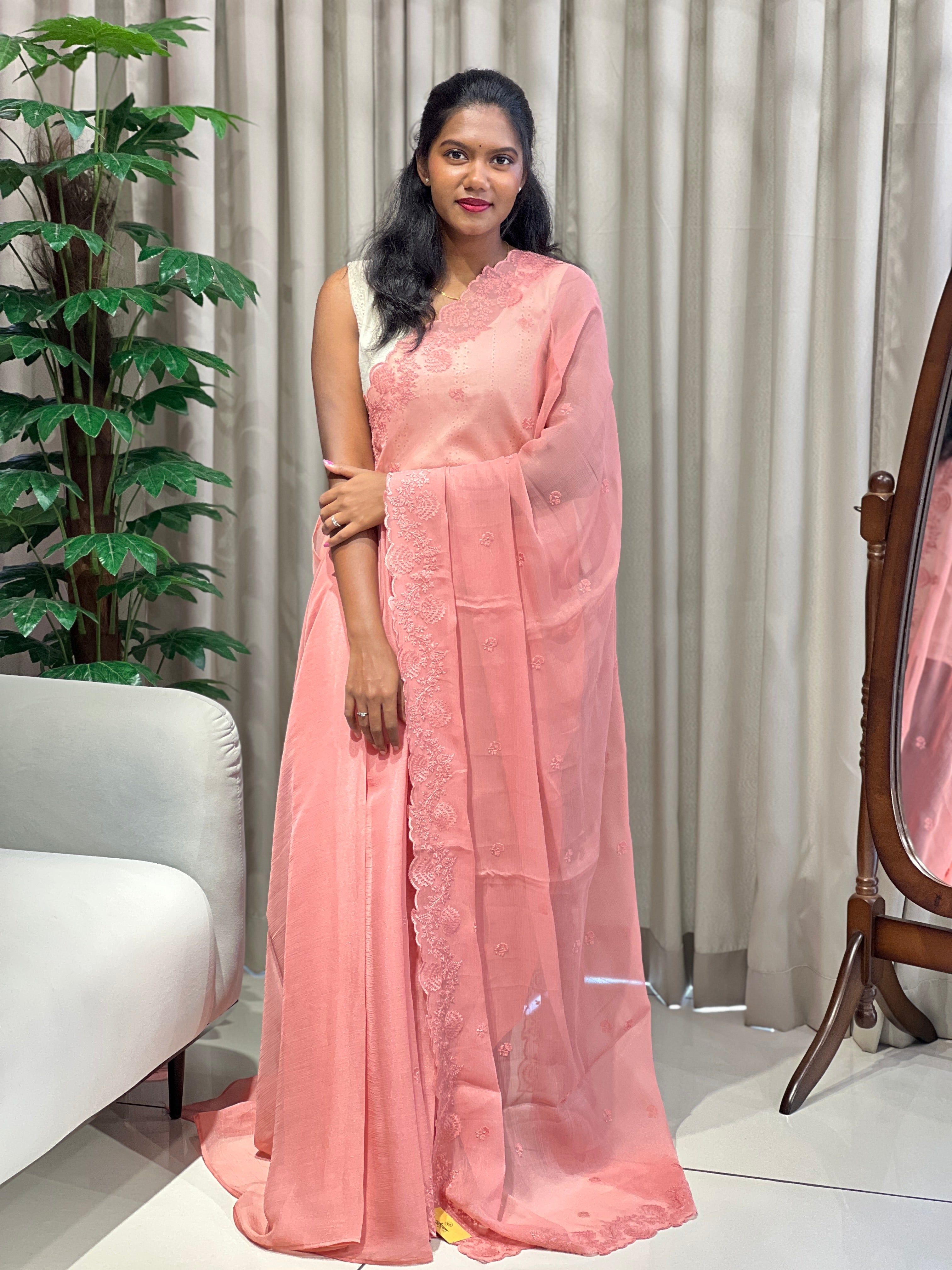 Self Thread Embroidery Detailed Crushed Shimmer Georgette Saree | PKS107