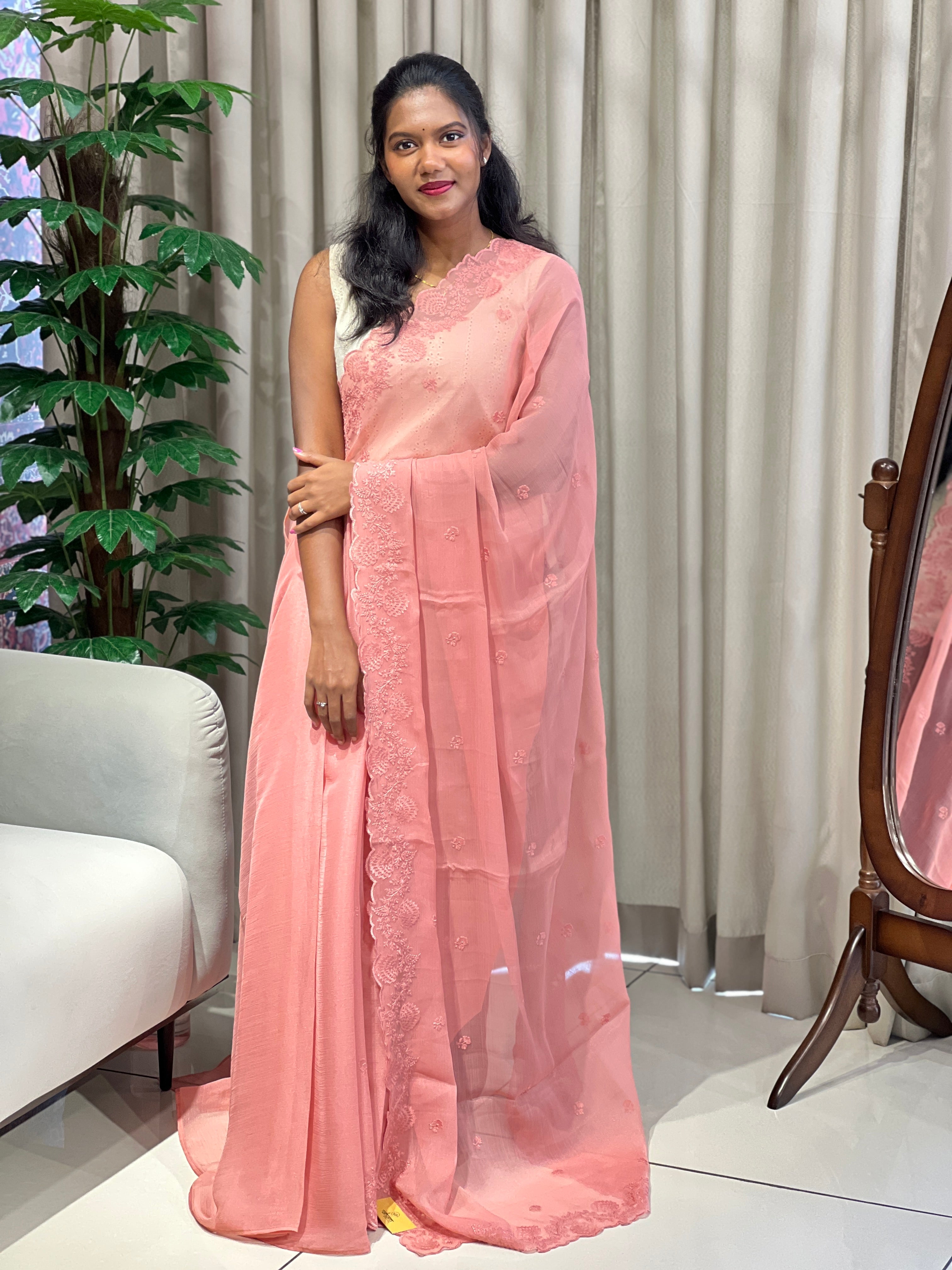 Self Thread Embroidery Detailed Crushed Shimmer Georgette Saree | PKS107