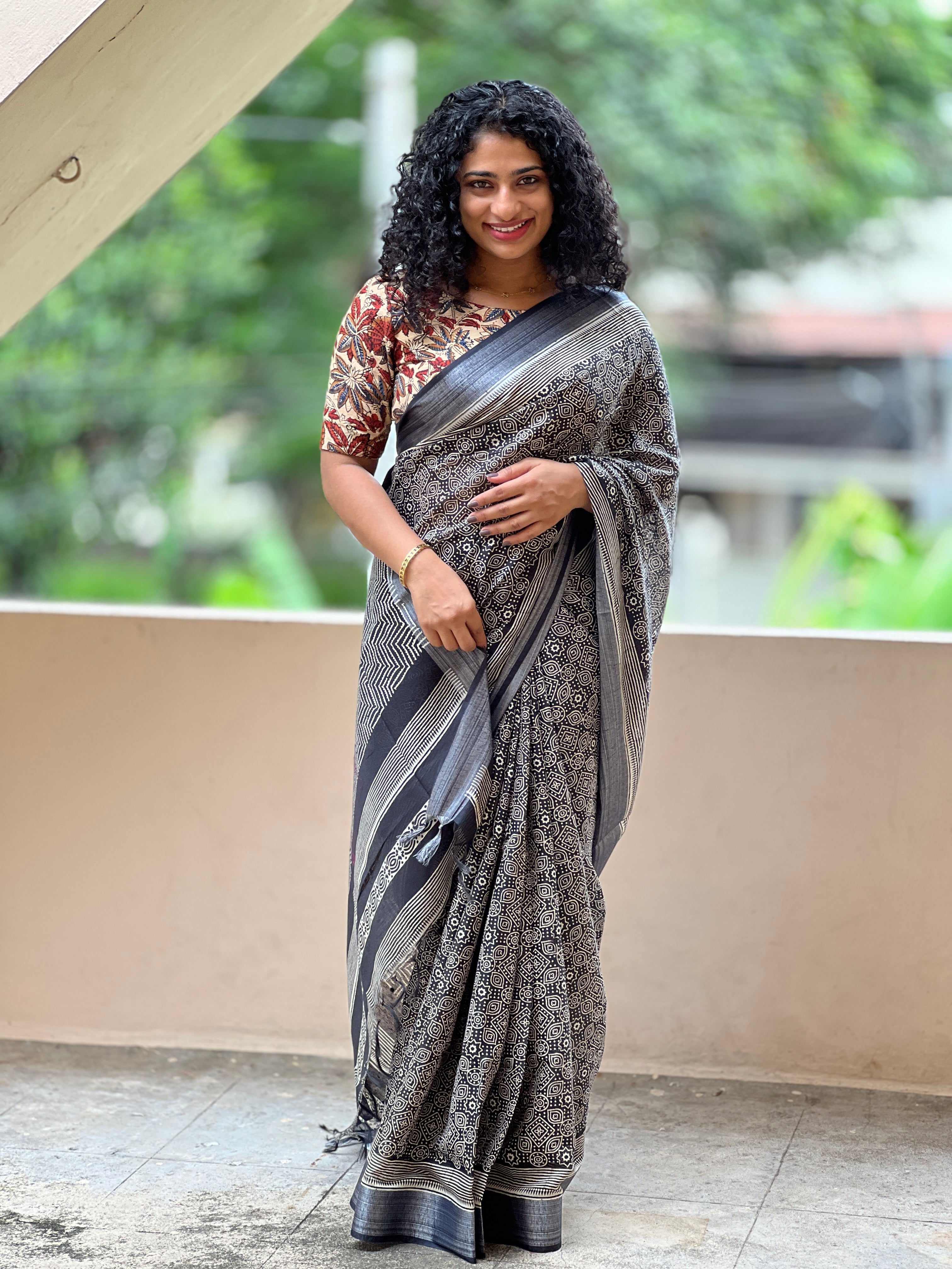 Ajrak Inspired Screen Printed Bhagalpuri Linen Saree | GMS160