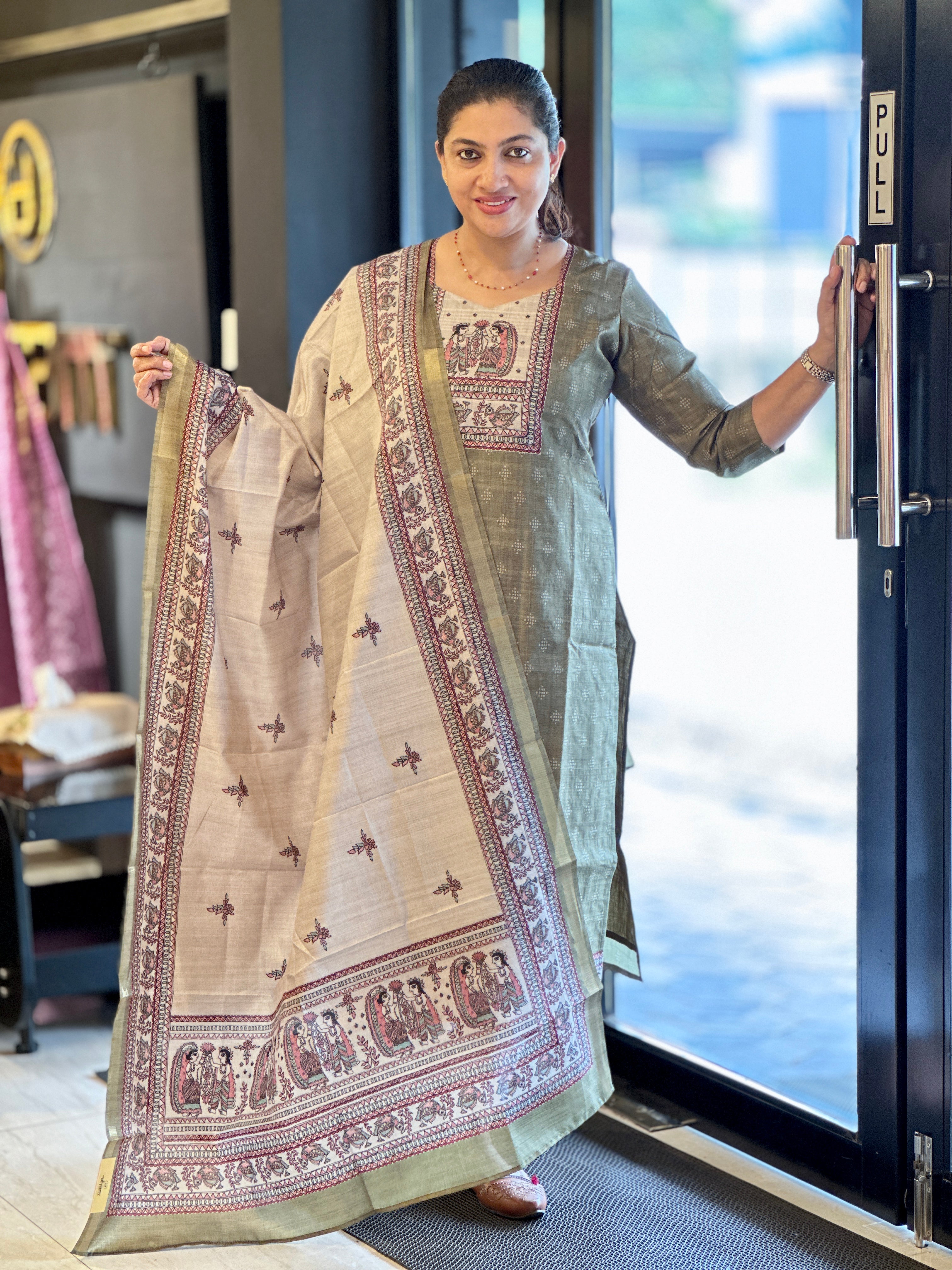 Bandhani and Madhubani Texture Printed Unstitched Semi Tussar Salwar Set (Without Bottom) | SSN431