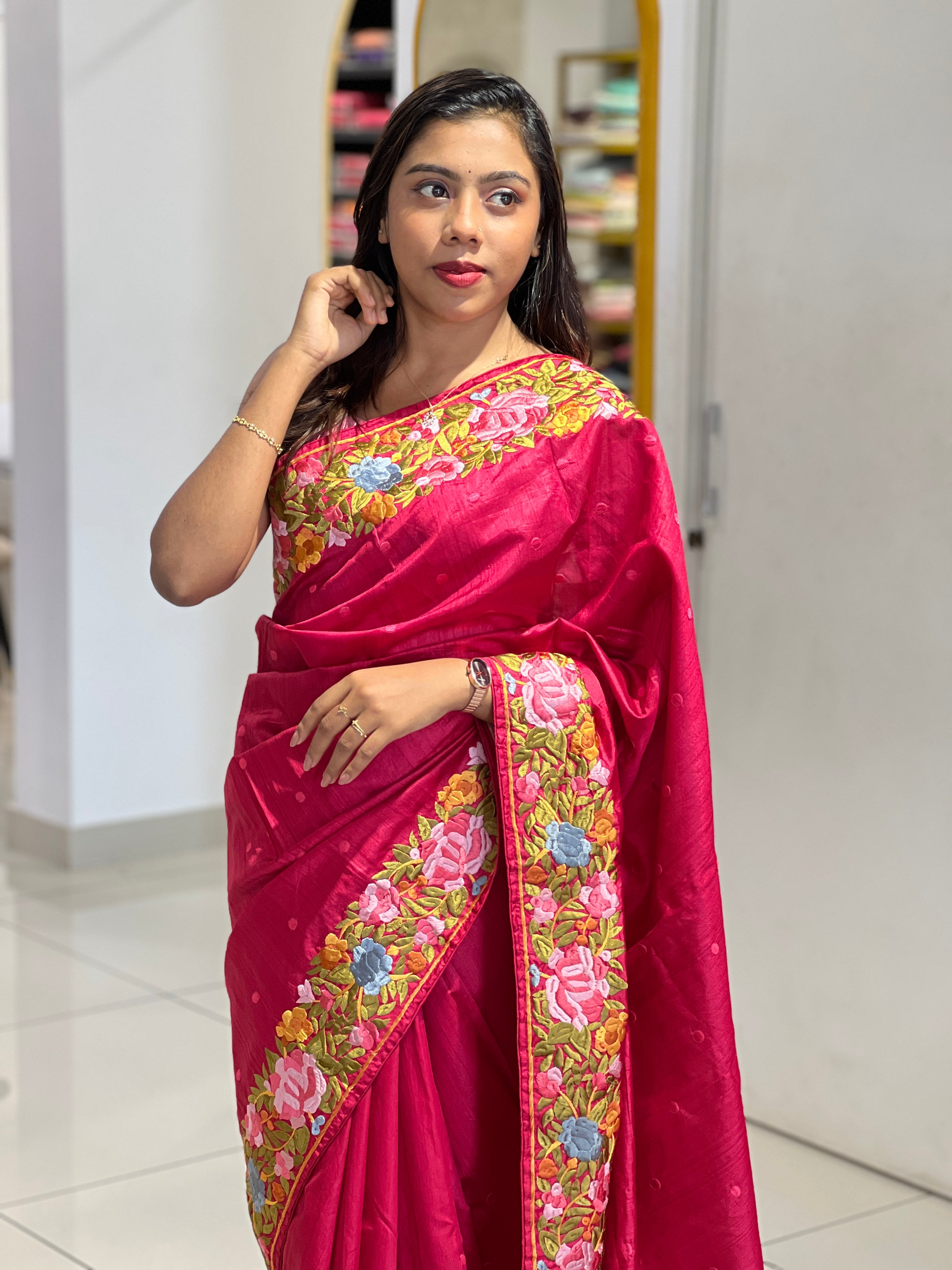 Pinkish Red Color Semi Tussar Saree | RP428