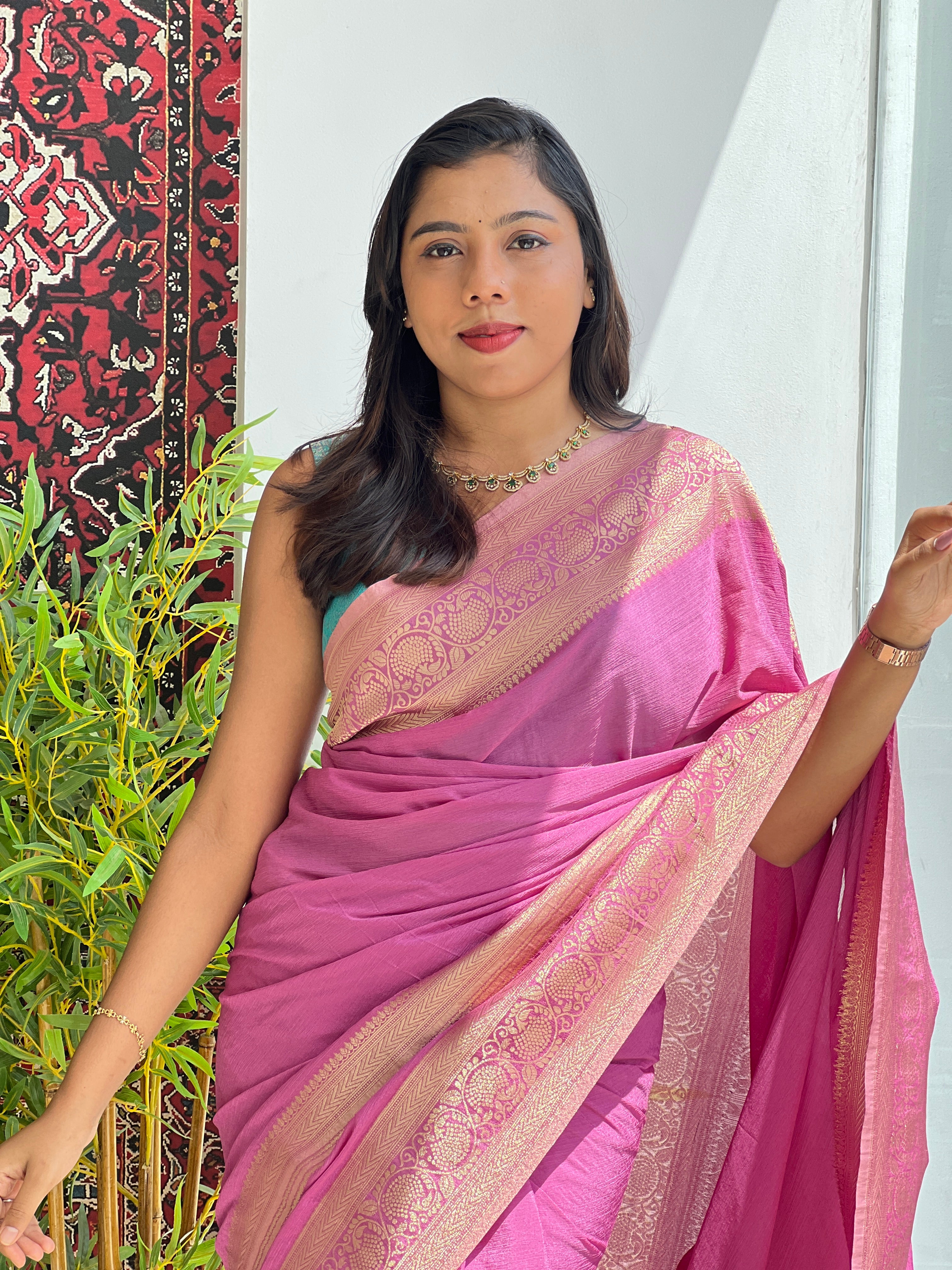 Antique Gold Zari Worked Crushed Chinon Sarees | RS114