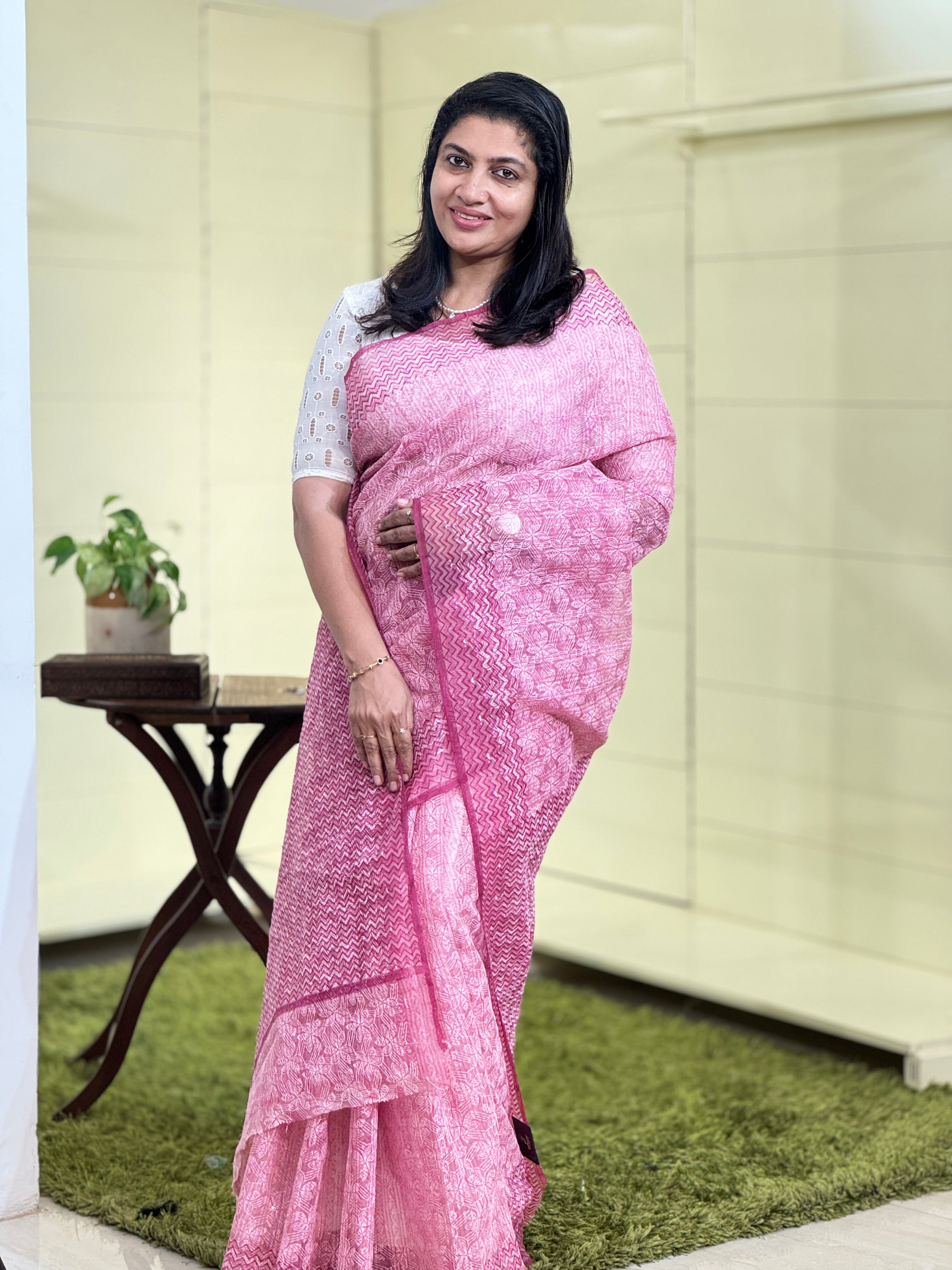 Tepchi Embroidery With Block Printed Organza Saree | JSC257