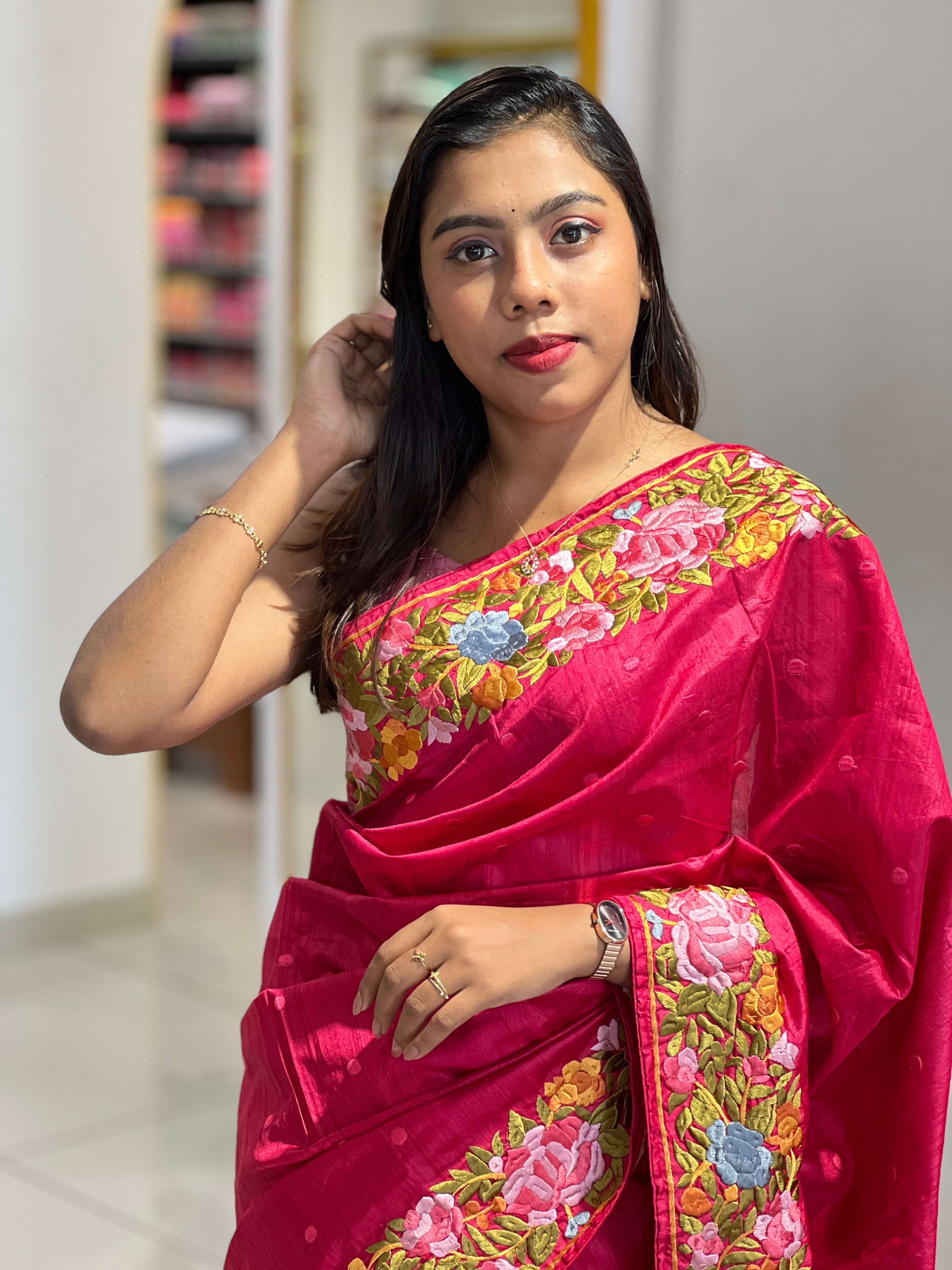 Pinkish Red Color Semi Tussar Saree | RP428