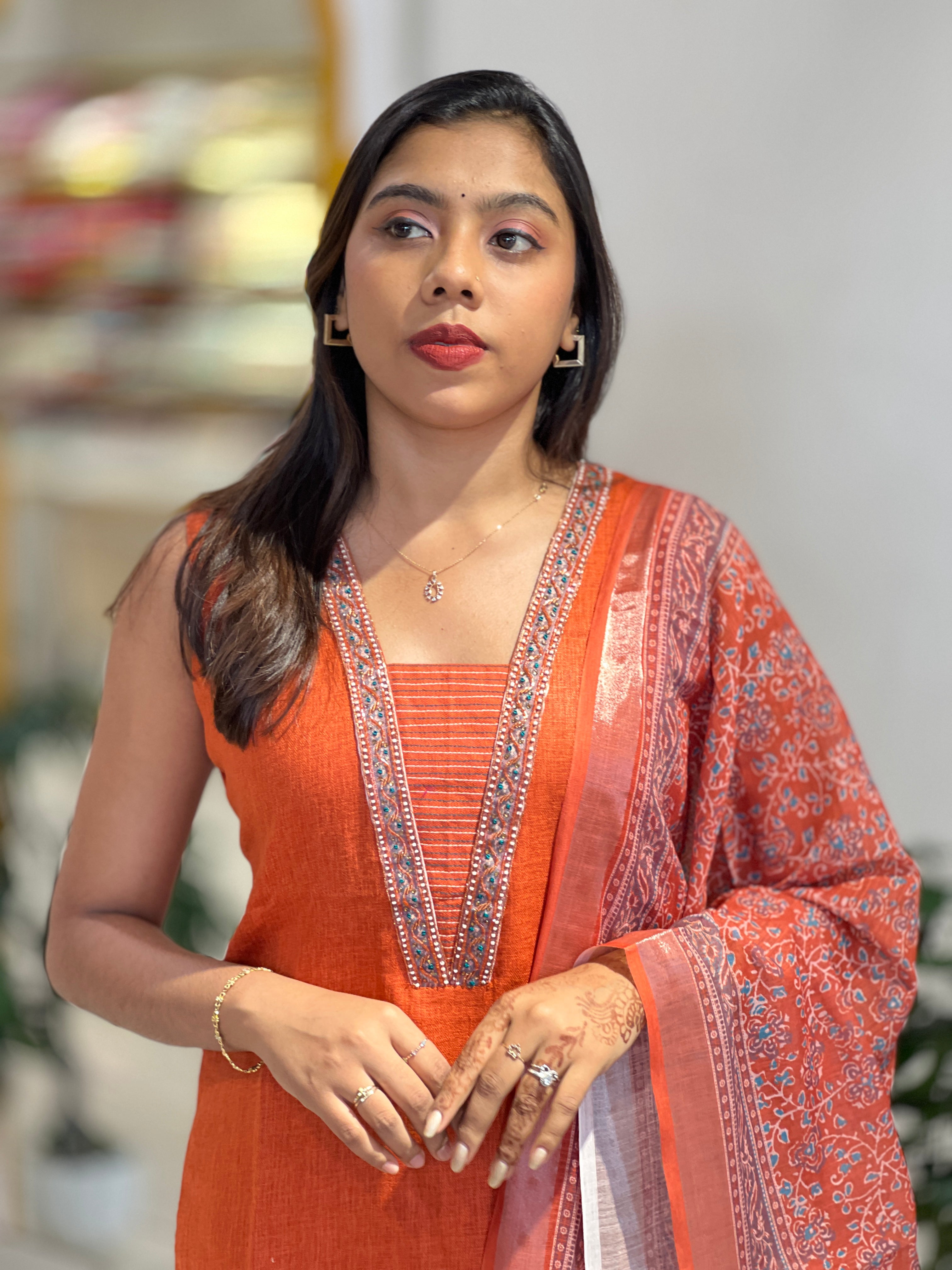 Hand Work Detailed Linen Cotton Kurta Set|NAI216