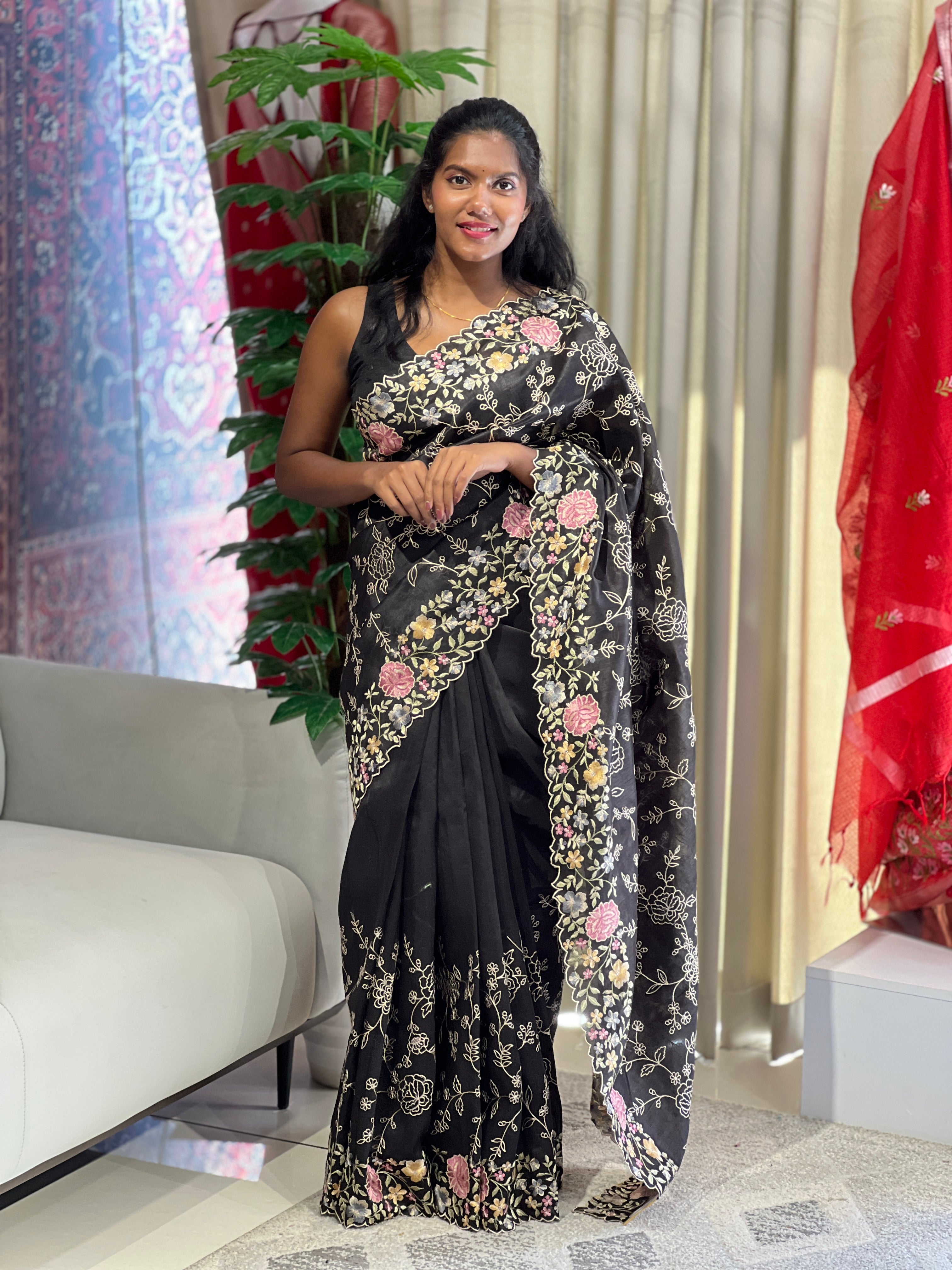 Floral Machine Embroidery Detailed Semi Tussar Saree | DVS265