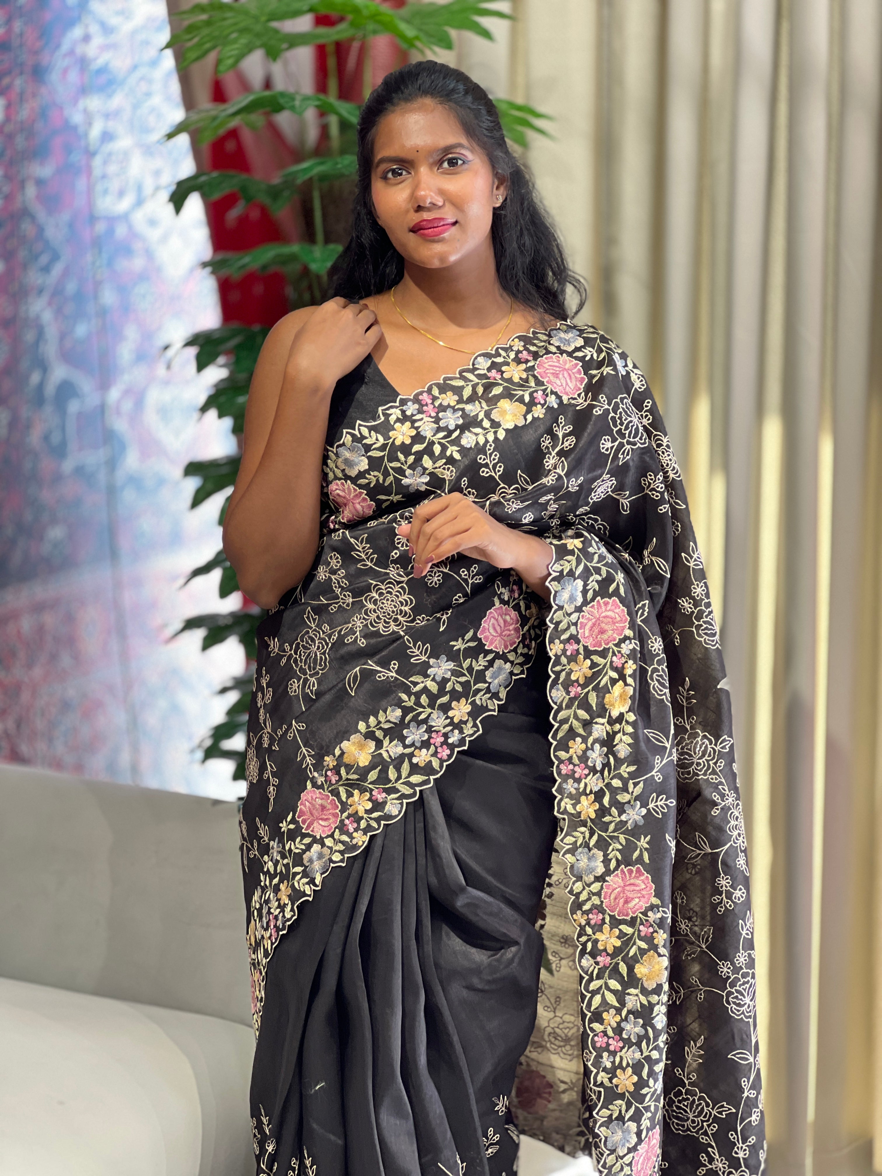 Floral Machine Embroidery Detailed Semi Tussar Saree | DVS265