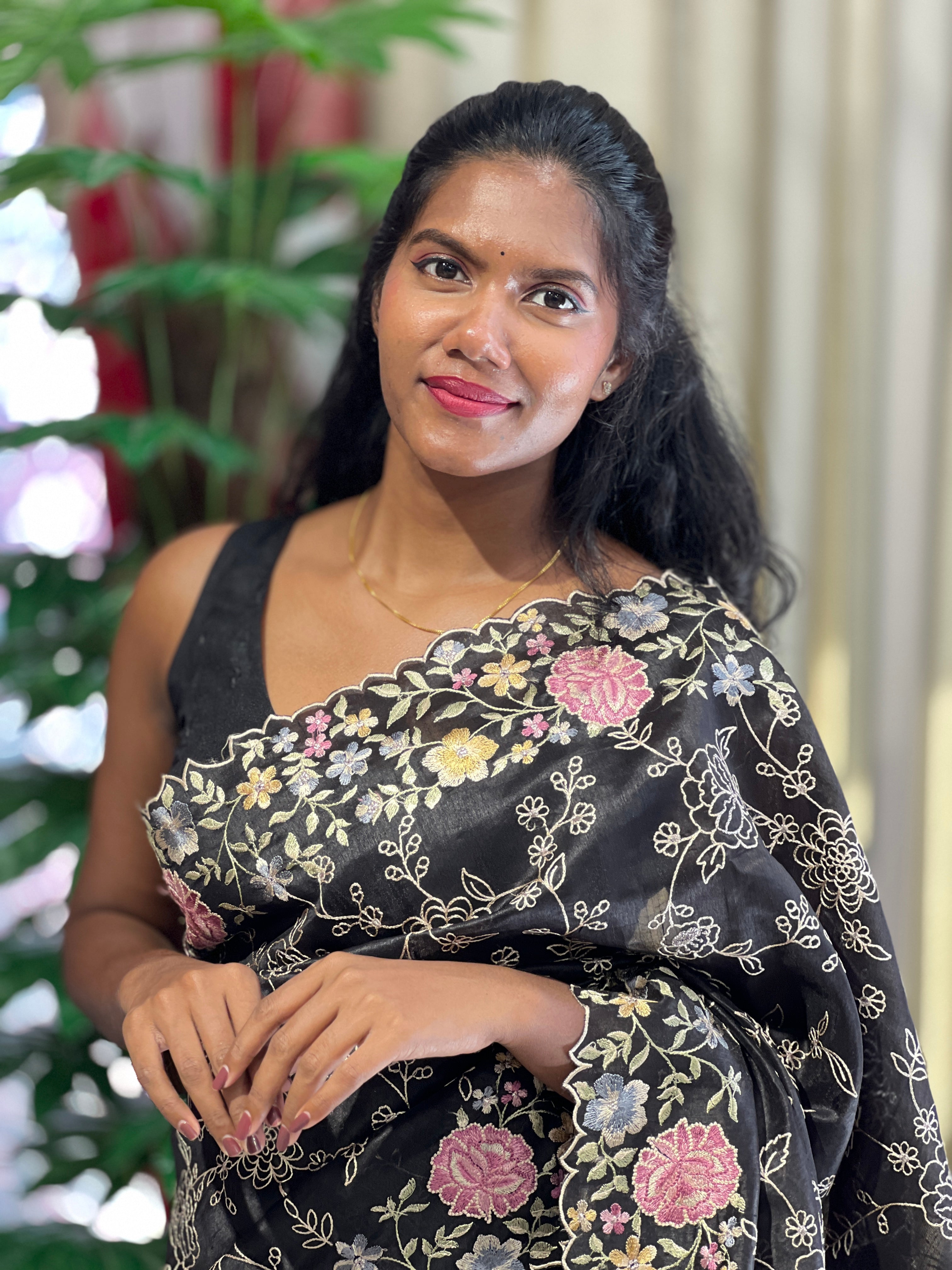 Floral Machine Embroidery Detailed Semi Tussar Saree | DVS265