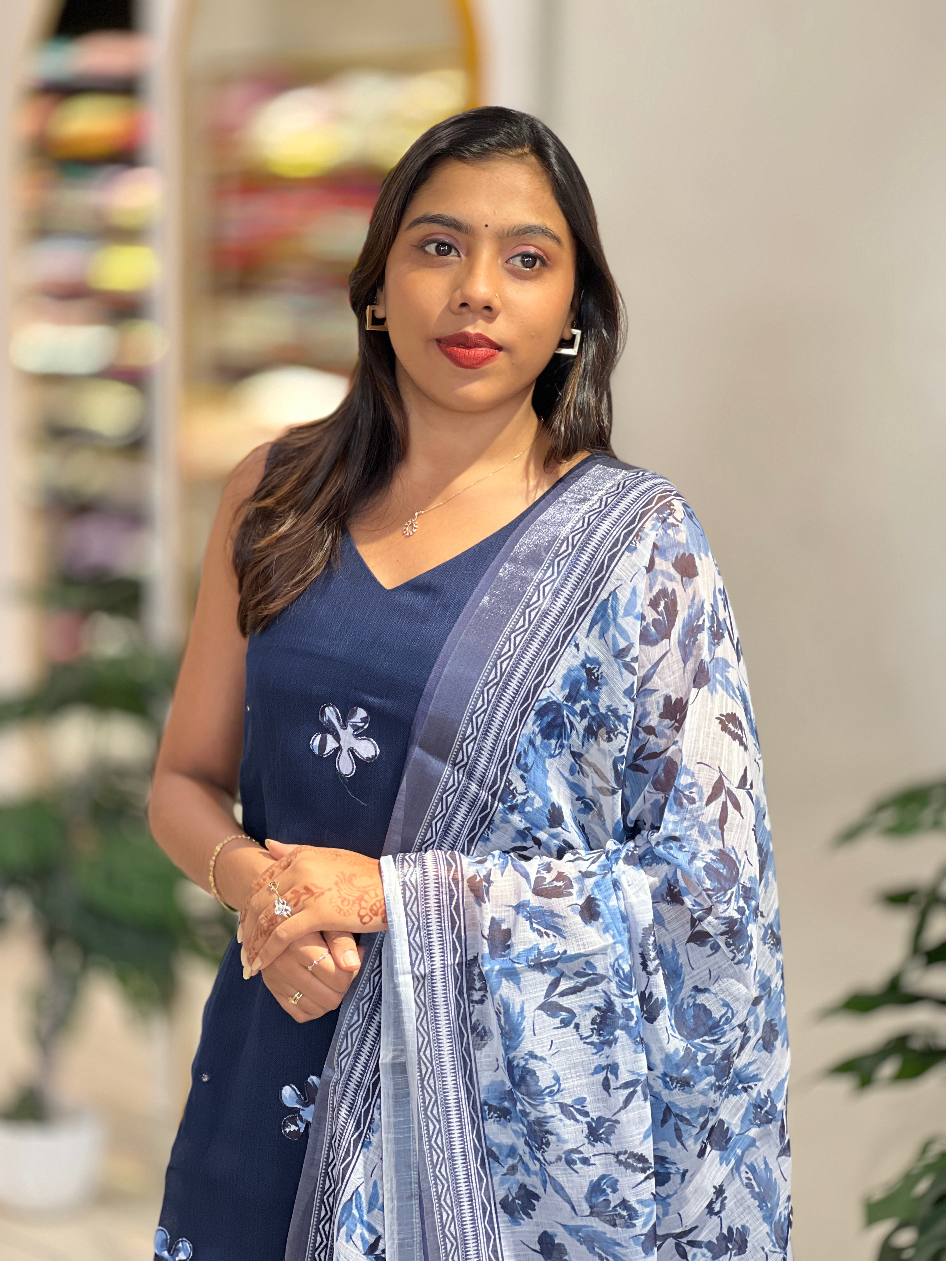 Floral Applique Patterned Linen Cotton Kurta Set | NAI196