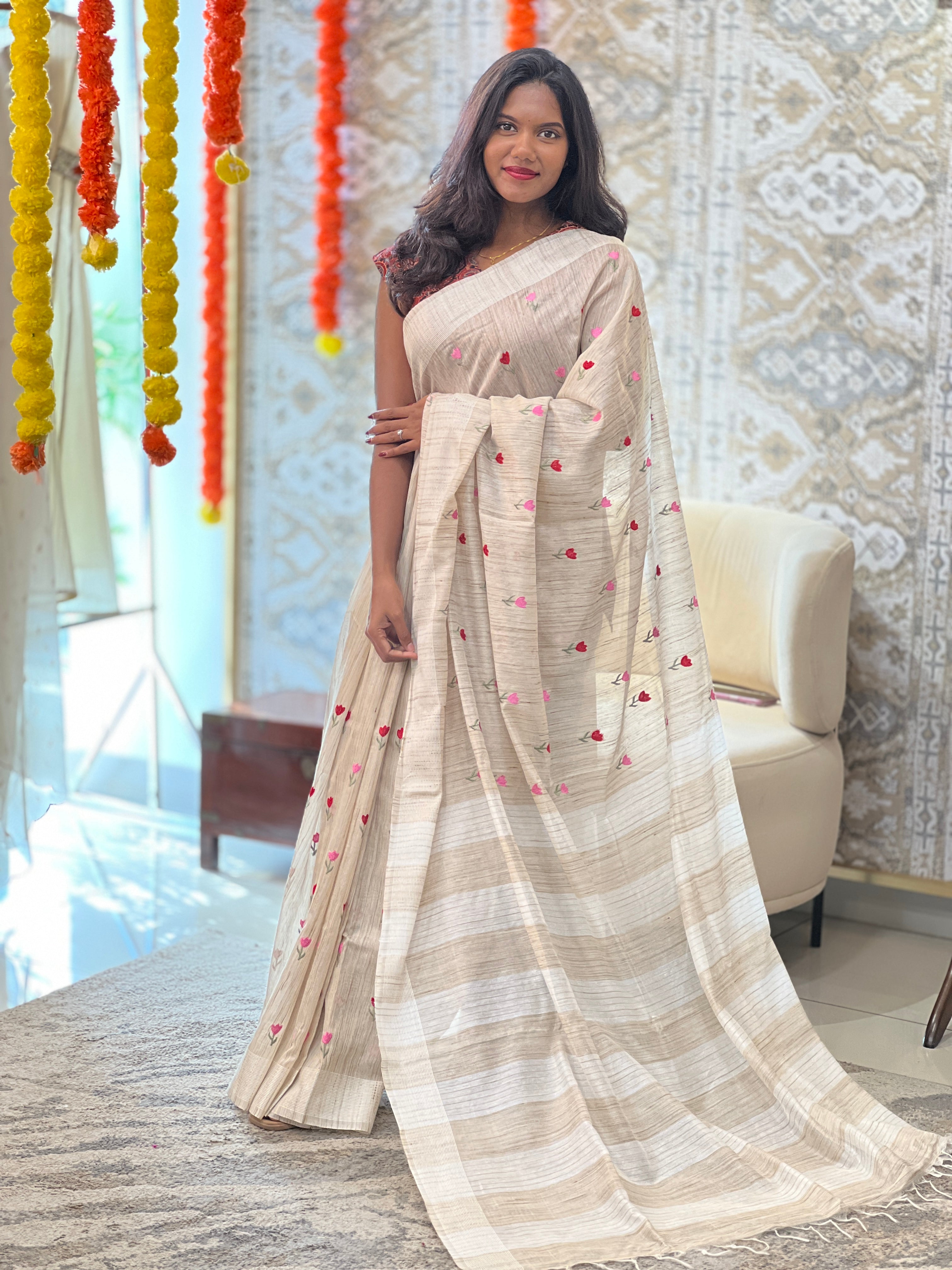 Floral Embroidery Pattern Bhagalpuri Linen Saree | NHH623
