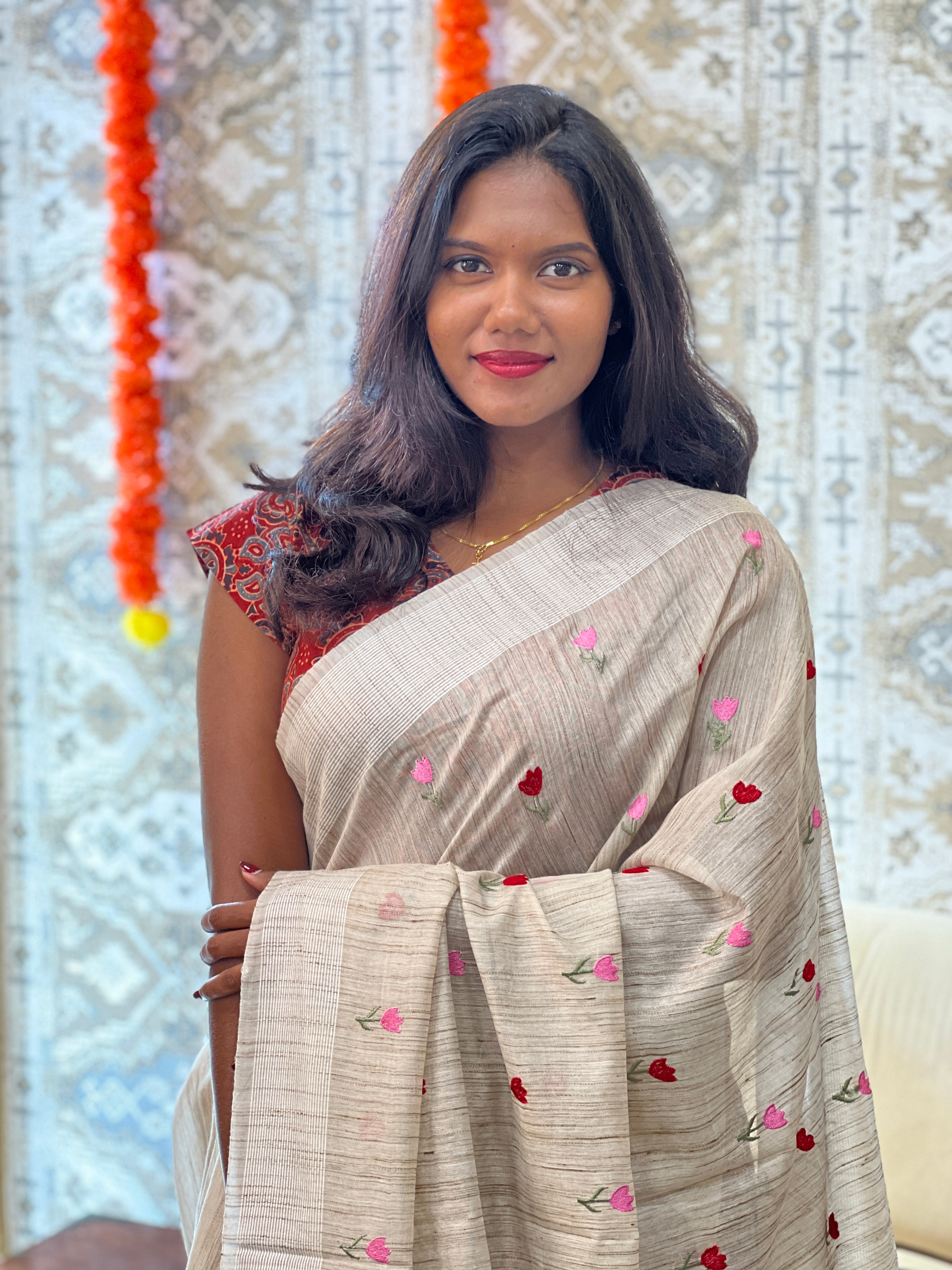 Floral Embroidery Pattern Bhagalpuri Linen Saree | NHH623