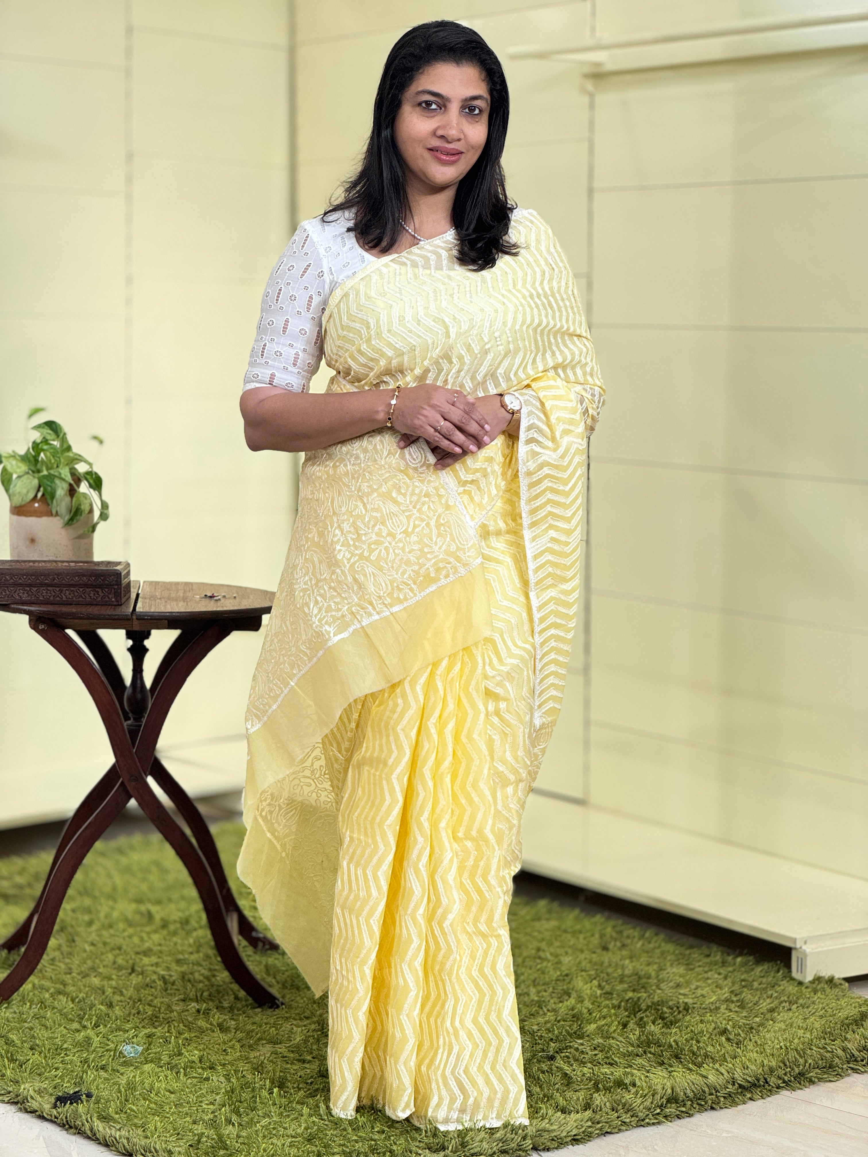 Block Print With Aari Embroidery Detailed Viscose Organza Saree | JSC149