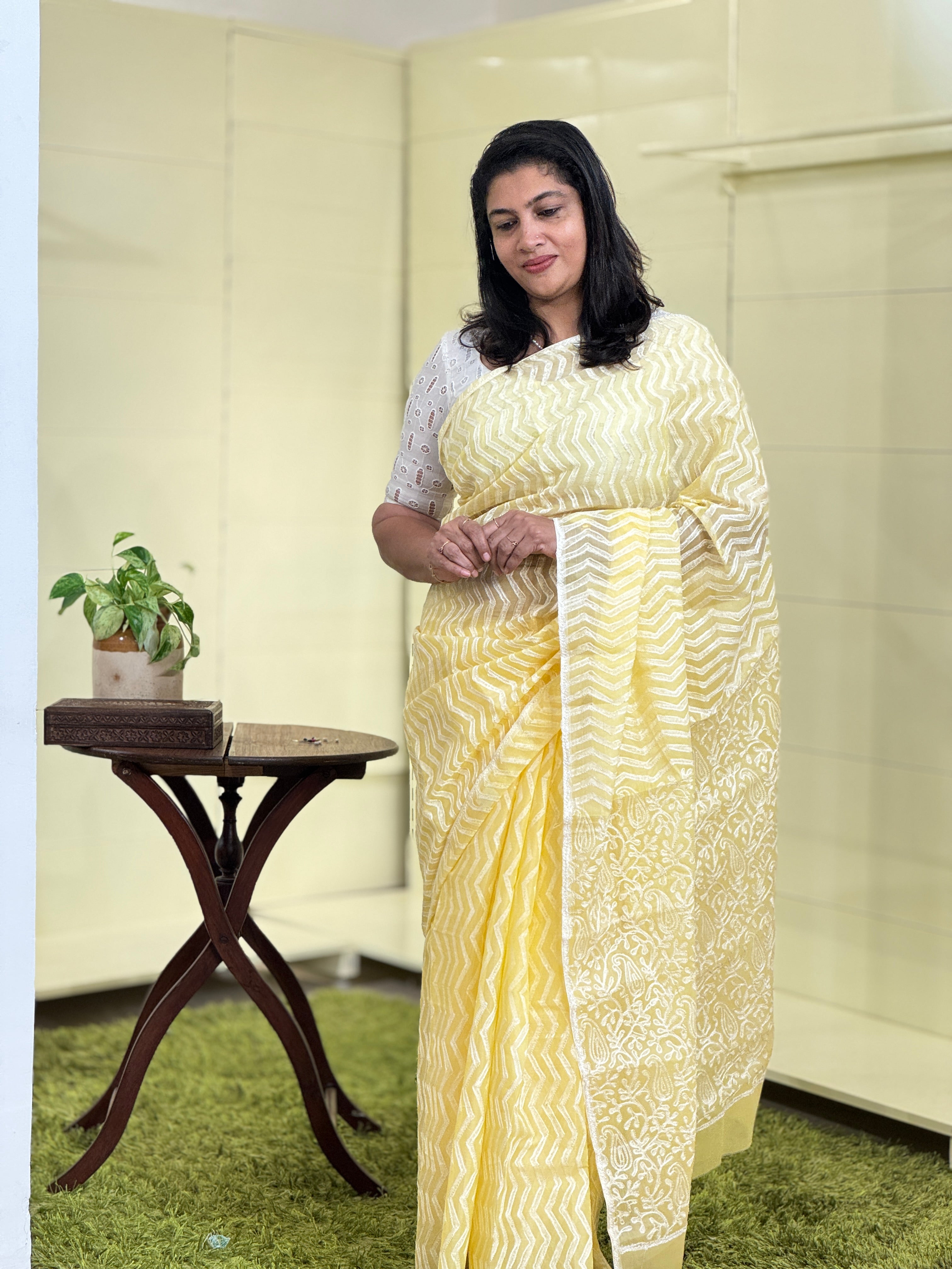 Block Print With Aari Embroidery Detailed Viscose Organza Saree | JSC149