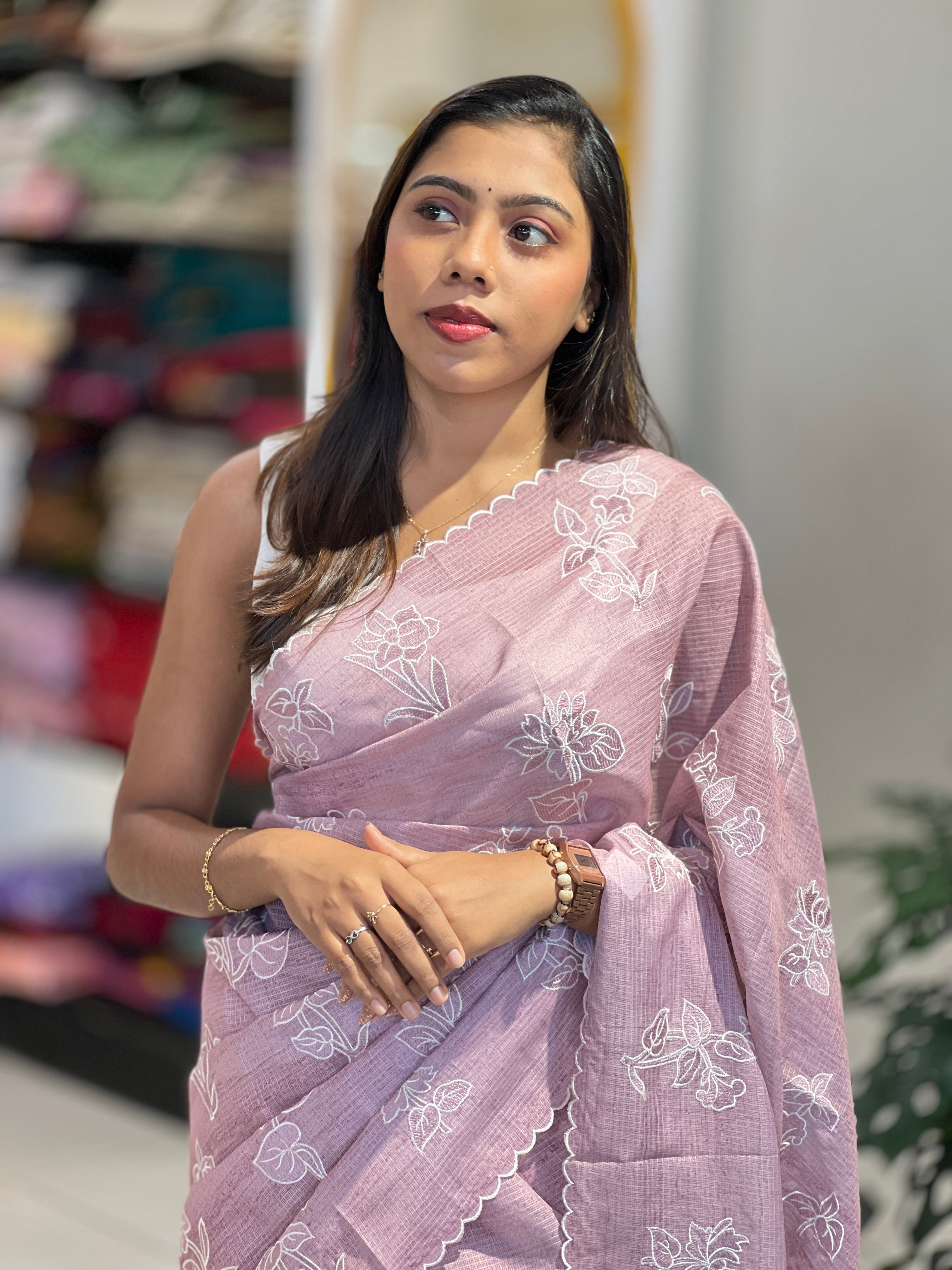 Floral Machine Embroidery Detailed Silky Kota Saree | BLD2082