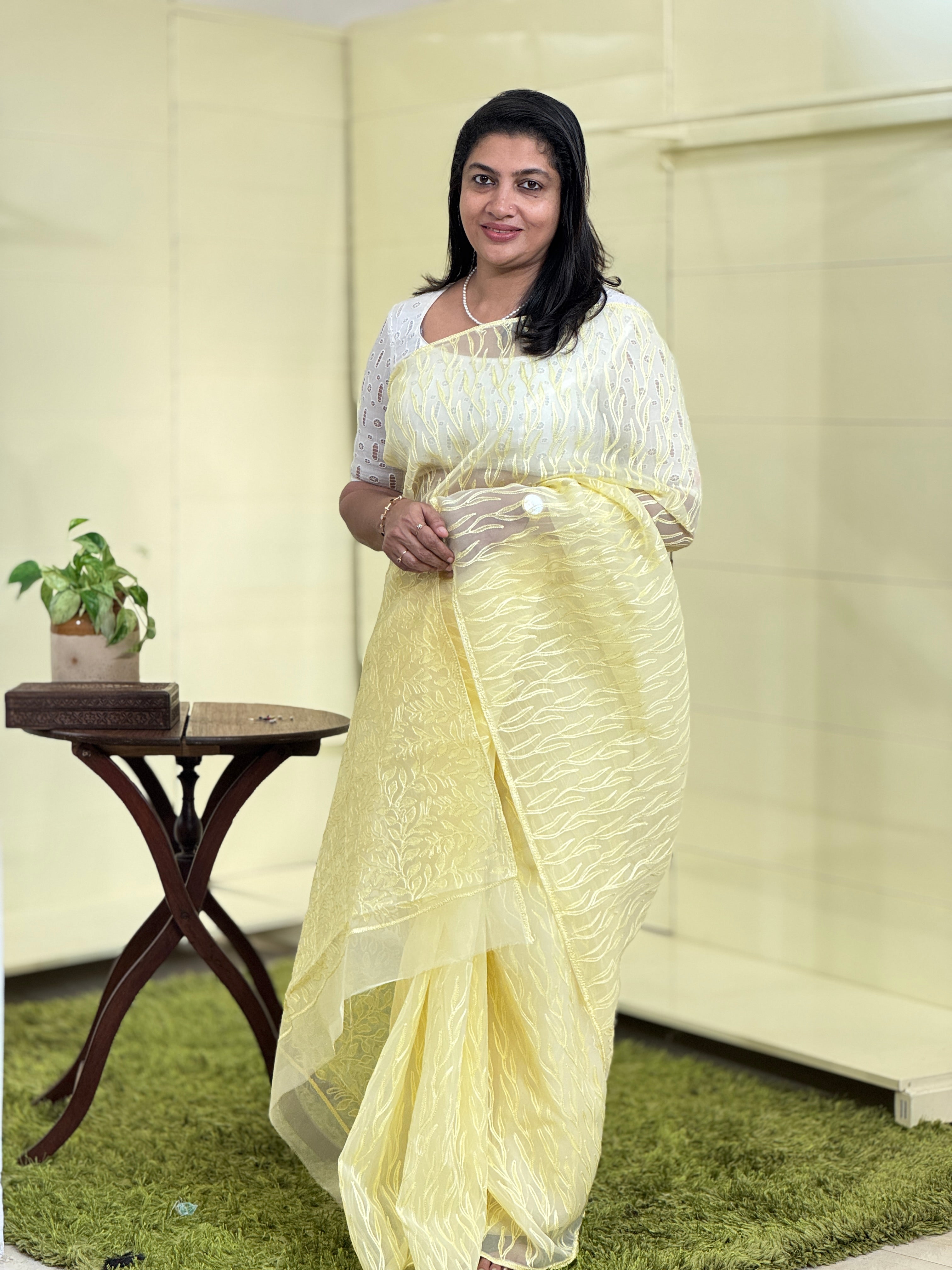 Block Print With Aari Embroidery Detailed Viscose Organza Saree | JSC163