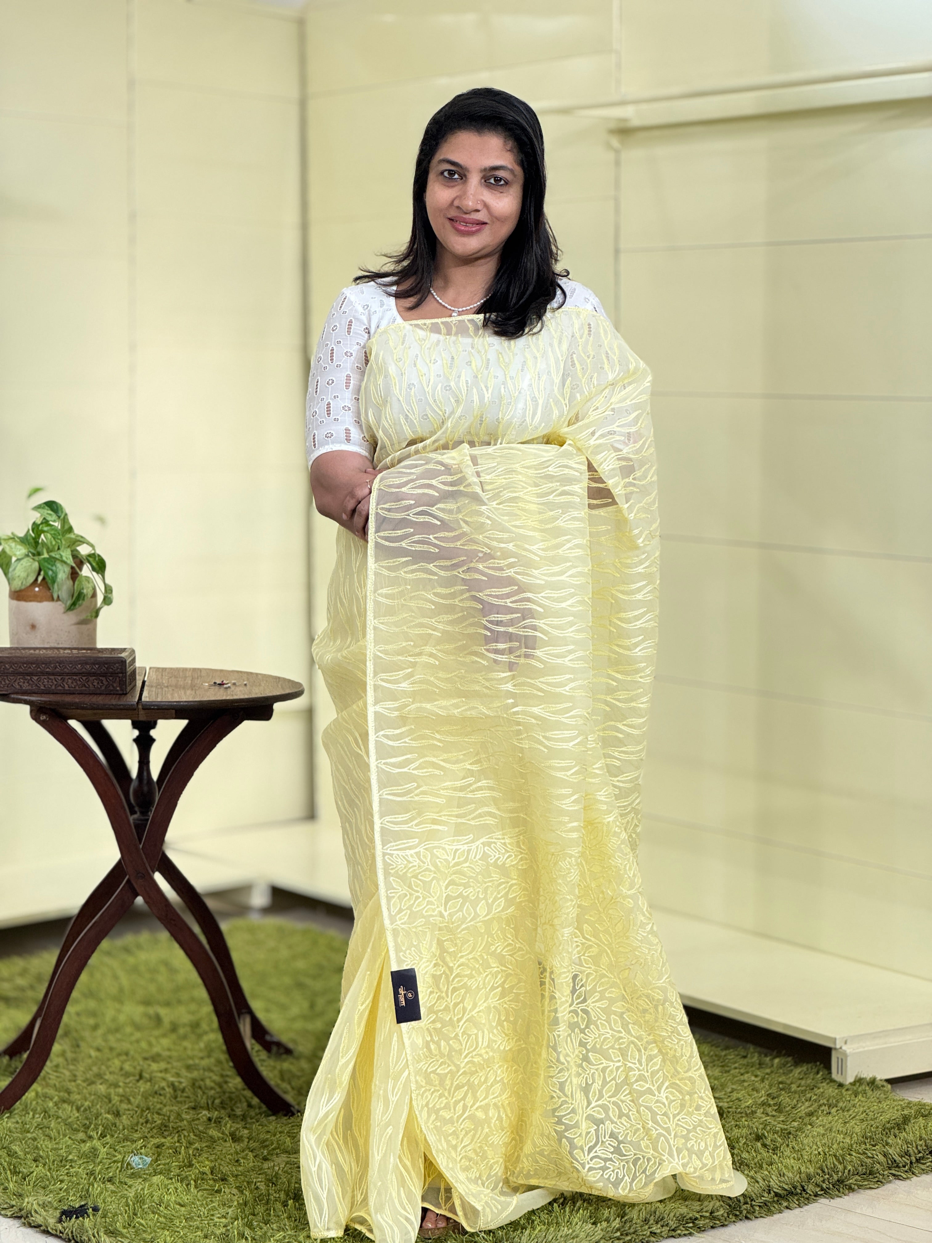 Block Print With Aari Embroidery Detailed Viscose Organza Saree | JSC163