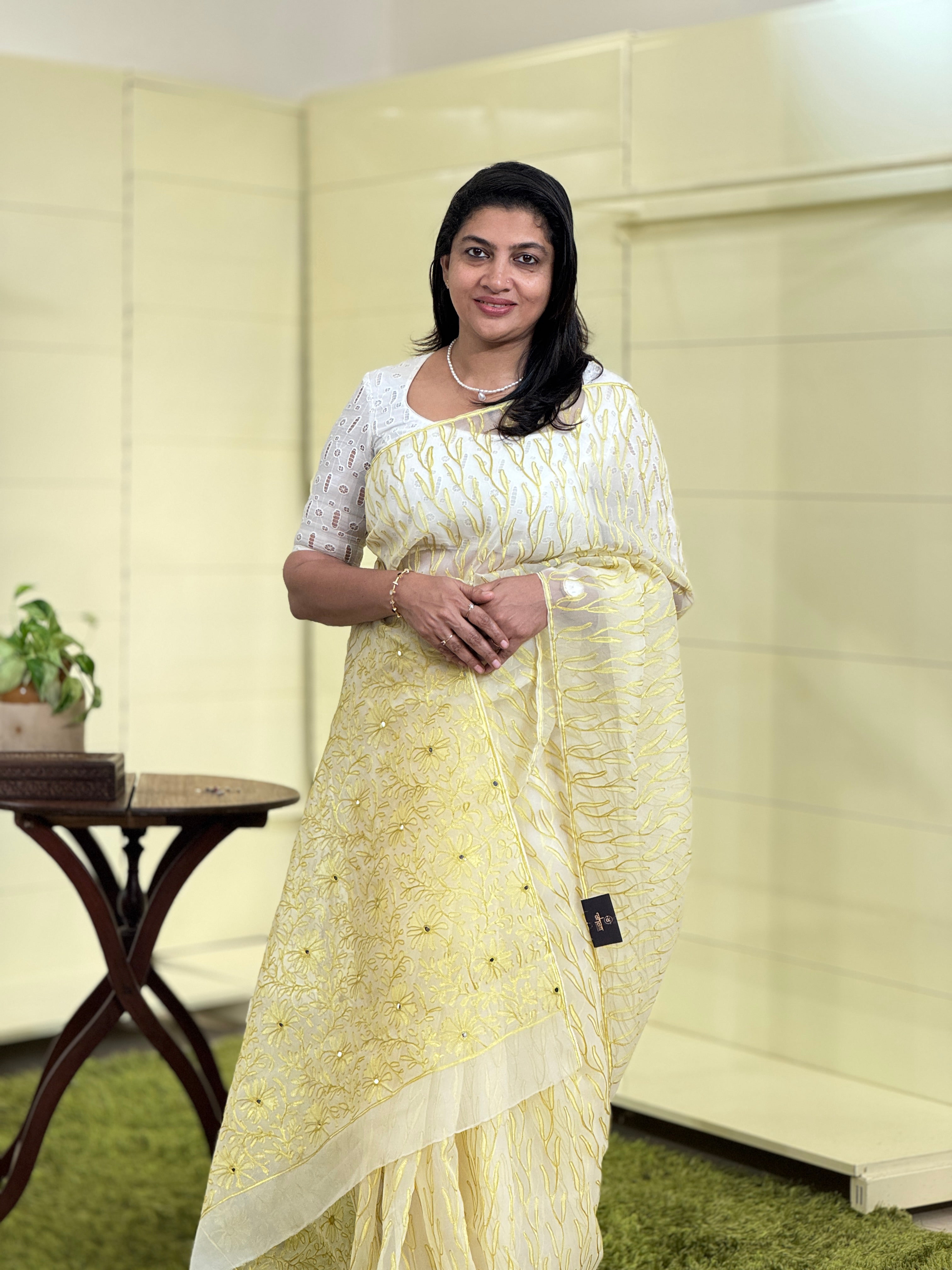 Block Print With Aari Embroidery Detailed Viscose Organza Saree | JSC164