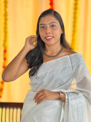 Silver Zari Weaved Border Bagalpuri Linen Saree | NHH501