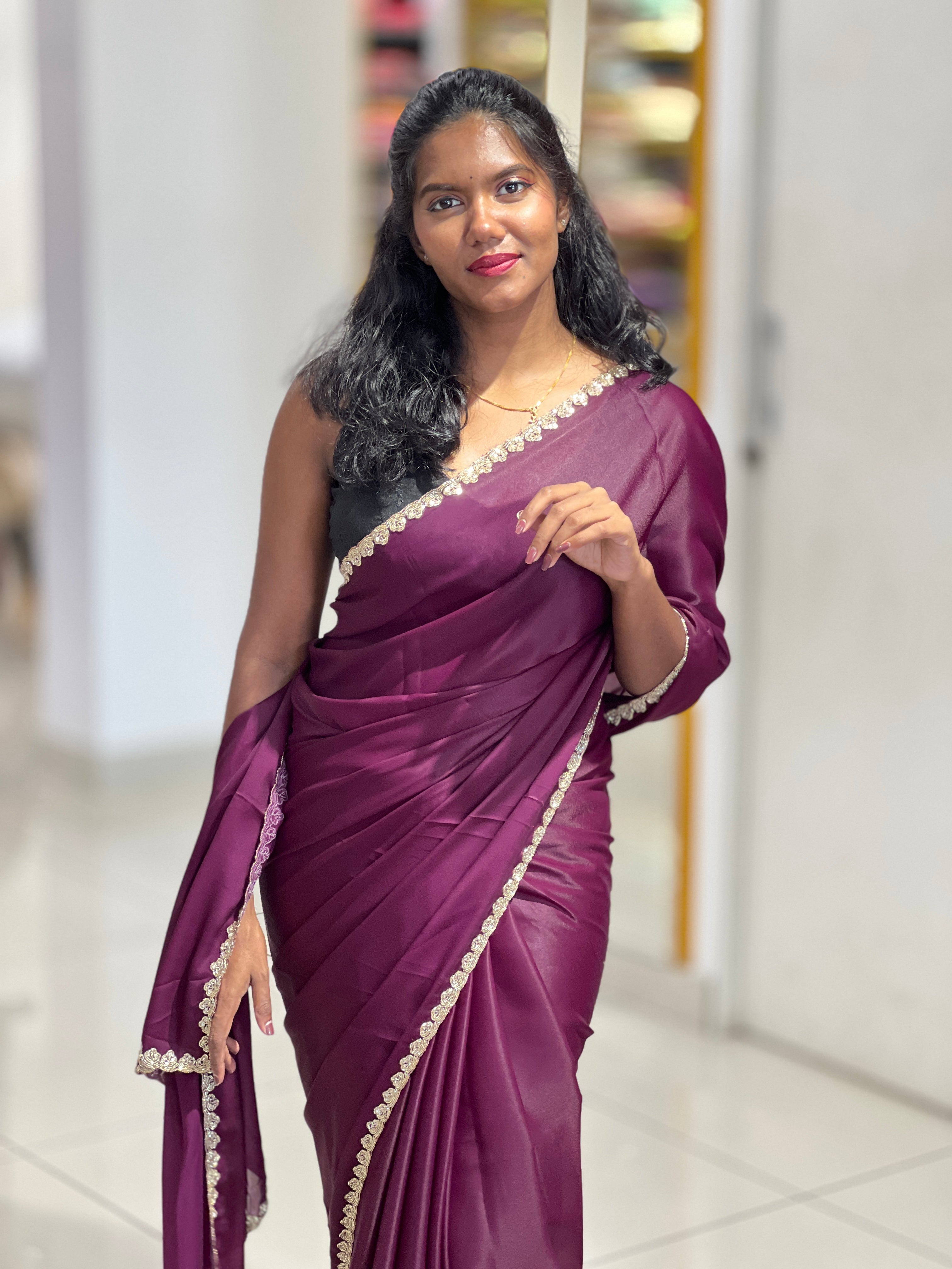 Embroidery Border Pattern Satin Georgette Saree | ISP127