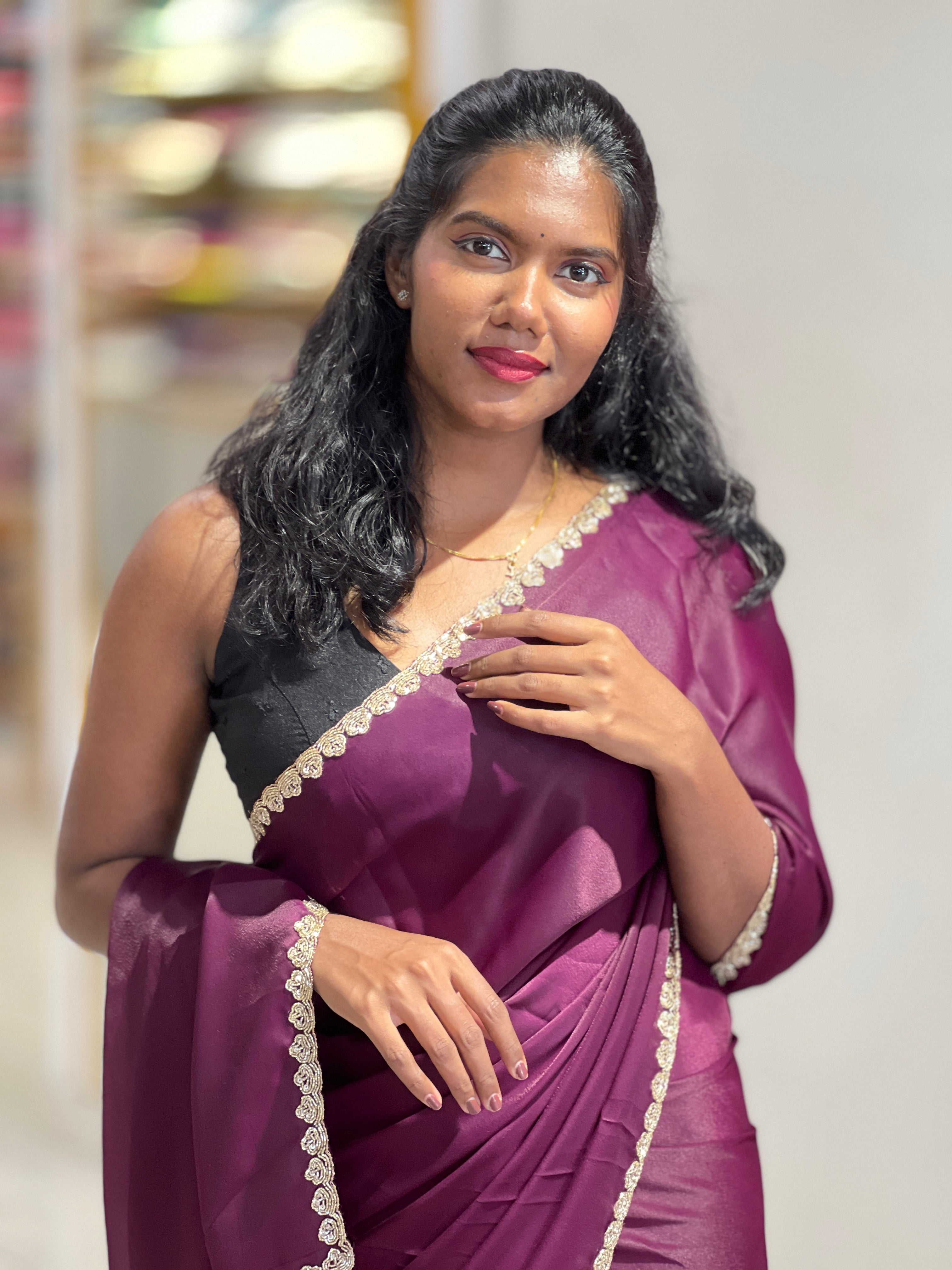 Embroidery Border Pattern Satin Georgette Saree | ISP127