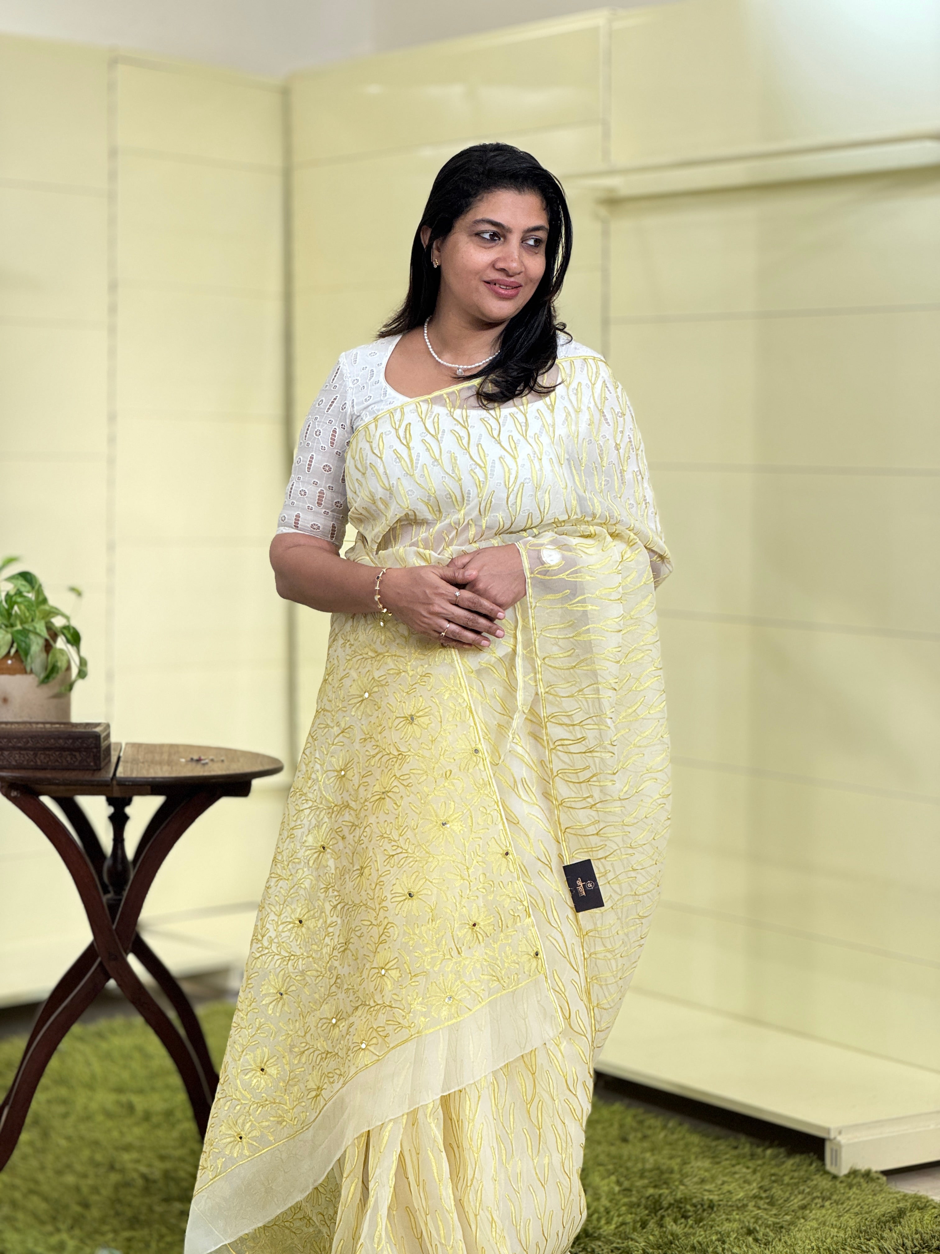 Block Print With Aari Embroidery Detailed Viscose Organza Saree | JSC164