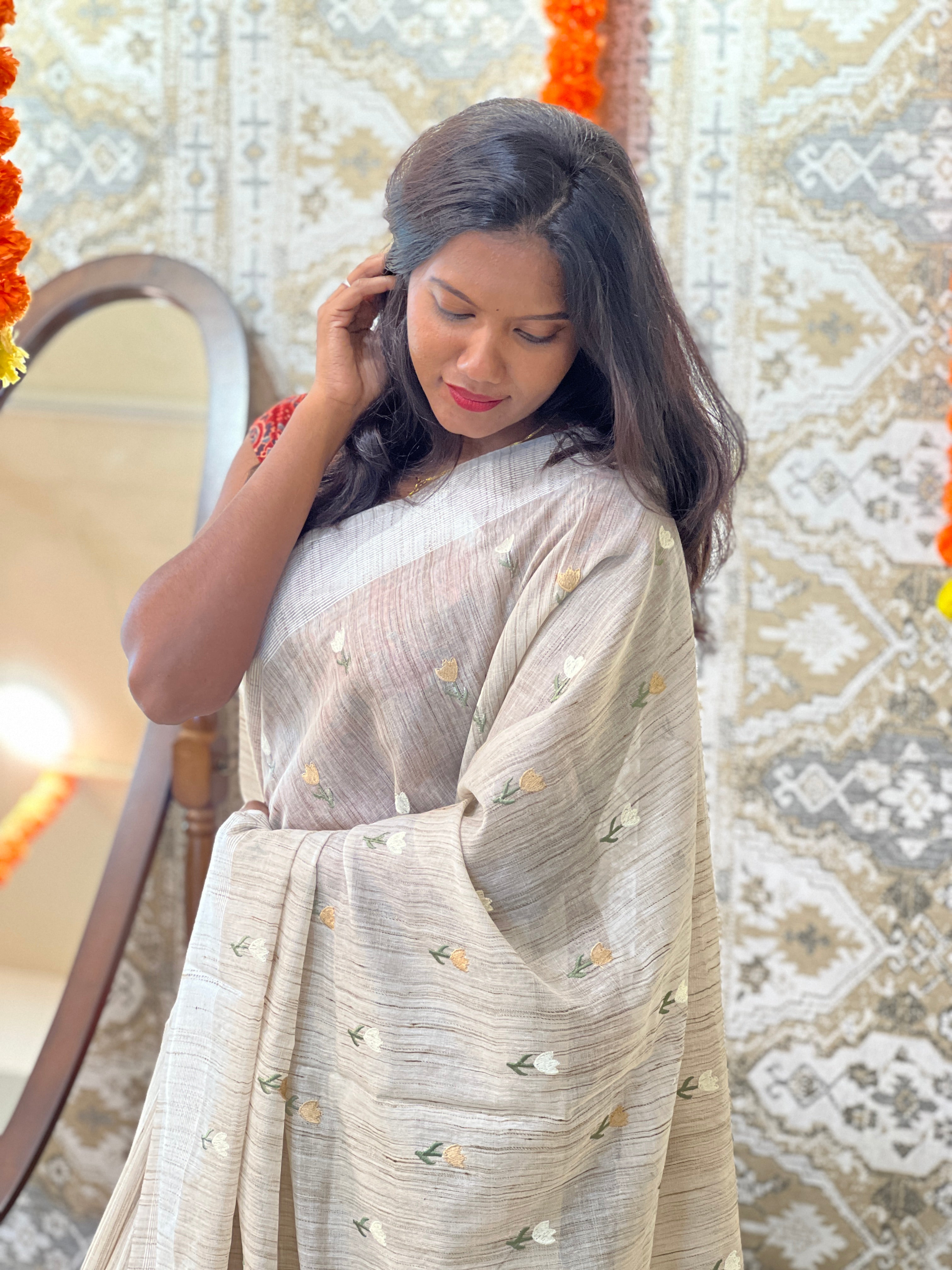 Floral Embroidery Pattern Bhagalpuri Linen Saree | NHH624