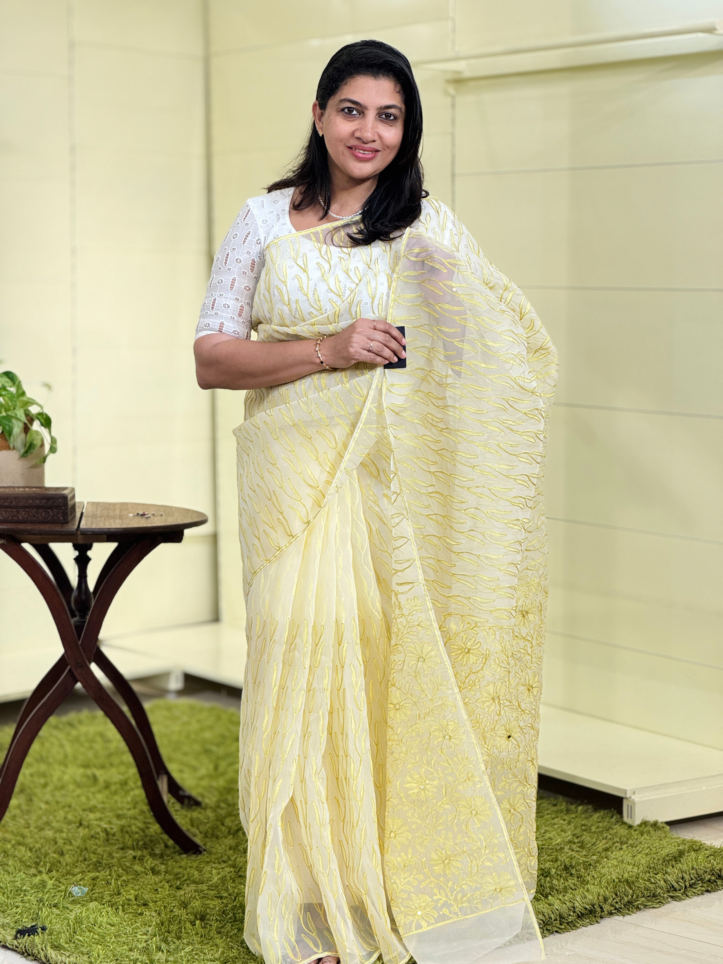 Block Print With Aari Embroidery Detailed Viscose Organza Saree | JSC164