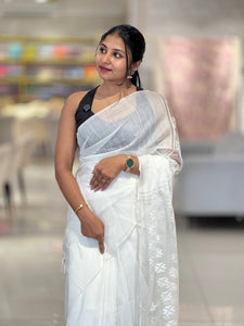 Thread Woven Geometric Patterned Linen Finish Saree | NHH499