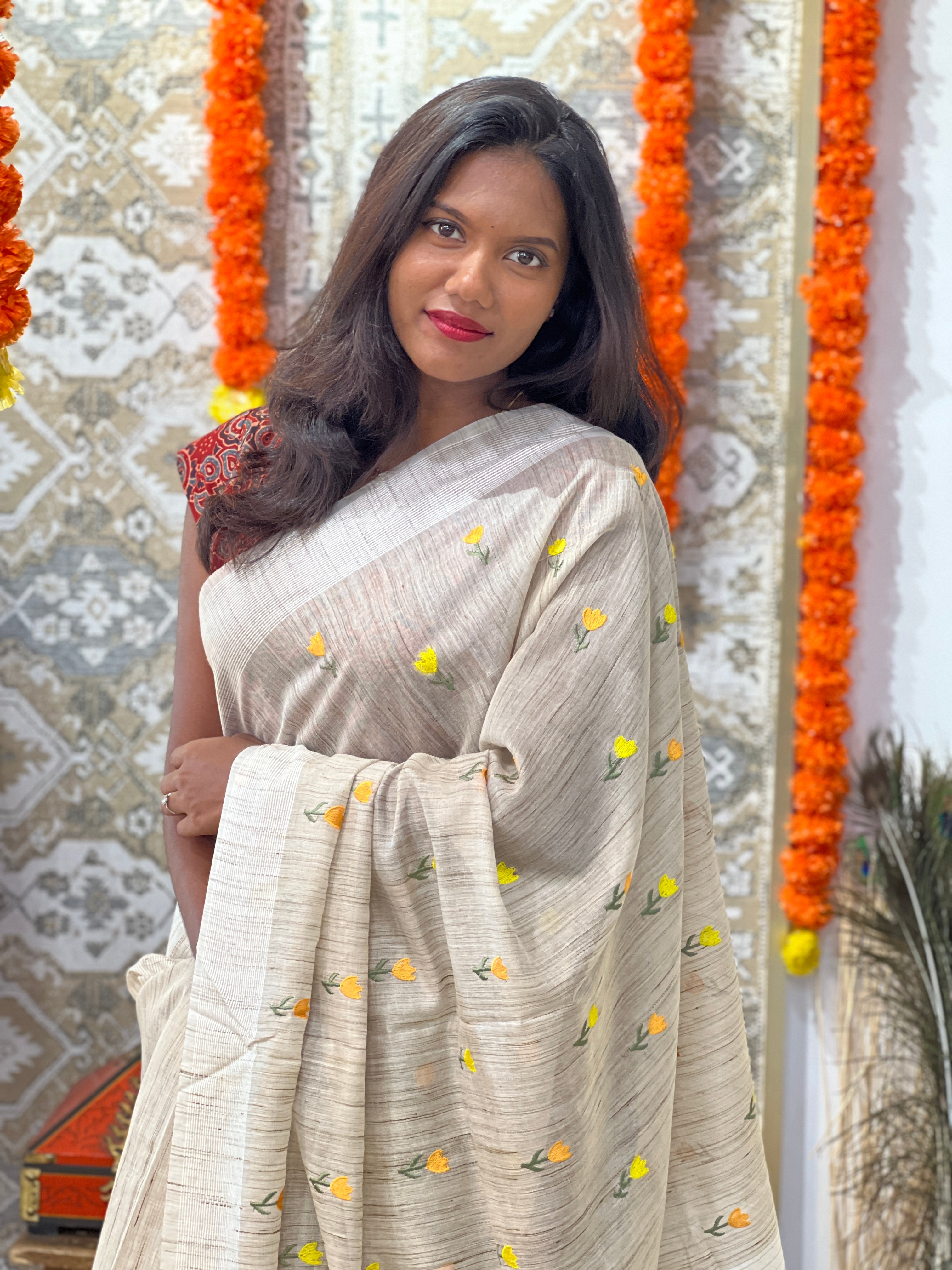 Floral Embroidery Pattern Bhagalpuri Linen Saree | NHH620