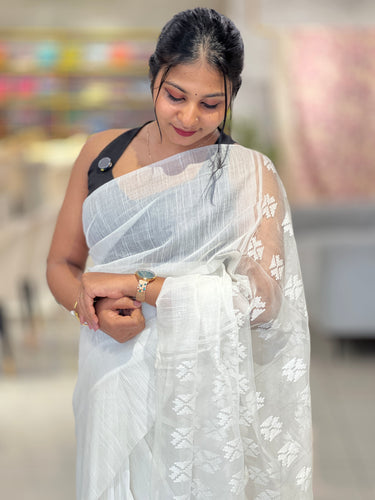 Thread Woven Geometric Patterned Linen Finish Saree | NHH499