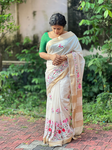 Floral Embroidery Bhagalpuri Linen Saree | NHH315