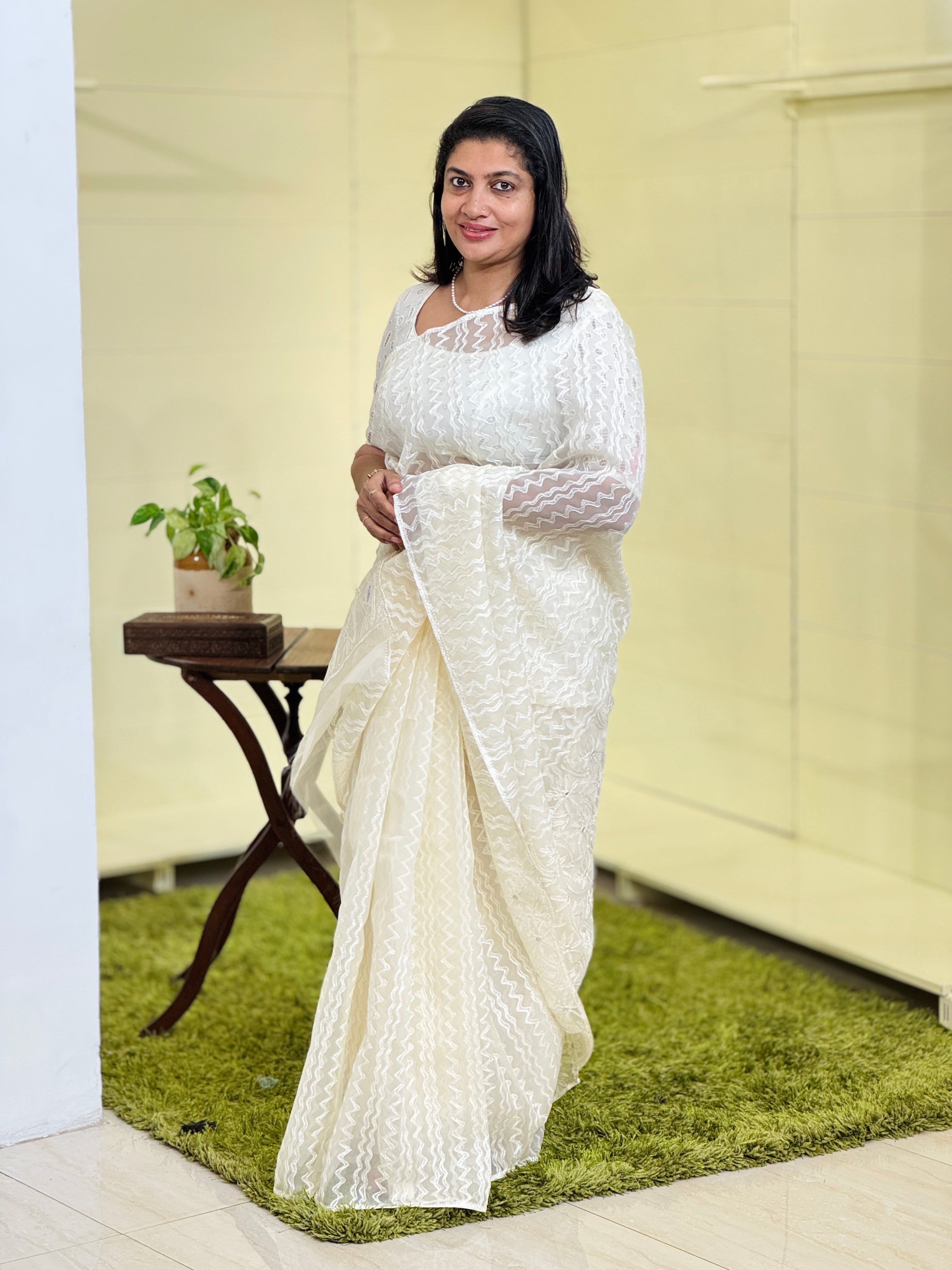 Block Print With Aari Embroidery Detailed Viscose Organza Saree | JSC151