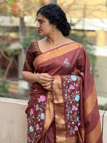 Floral Embroidery Bhagalpuri Linen Saree | NHH313